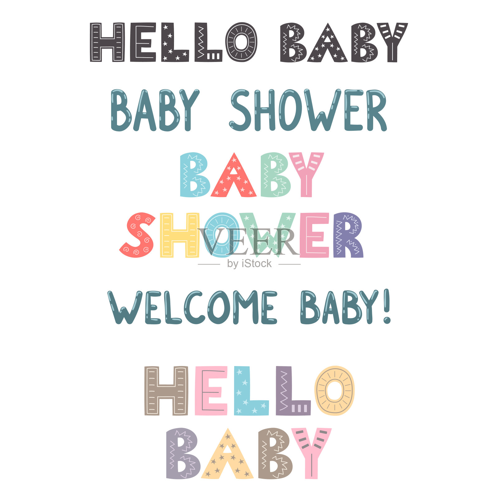 婴儿淋浴手绘字母收集插画图片素材