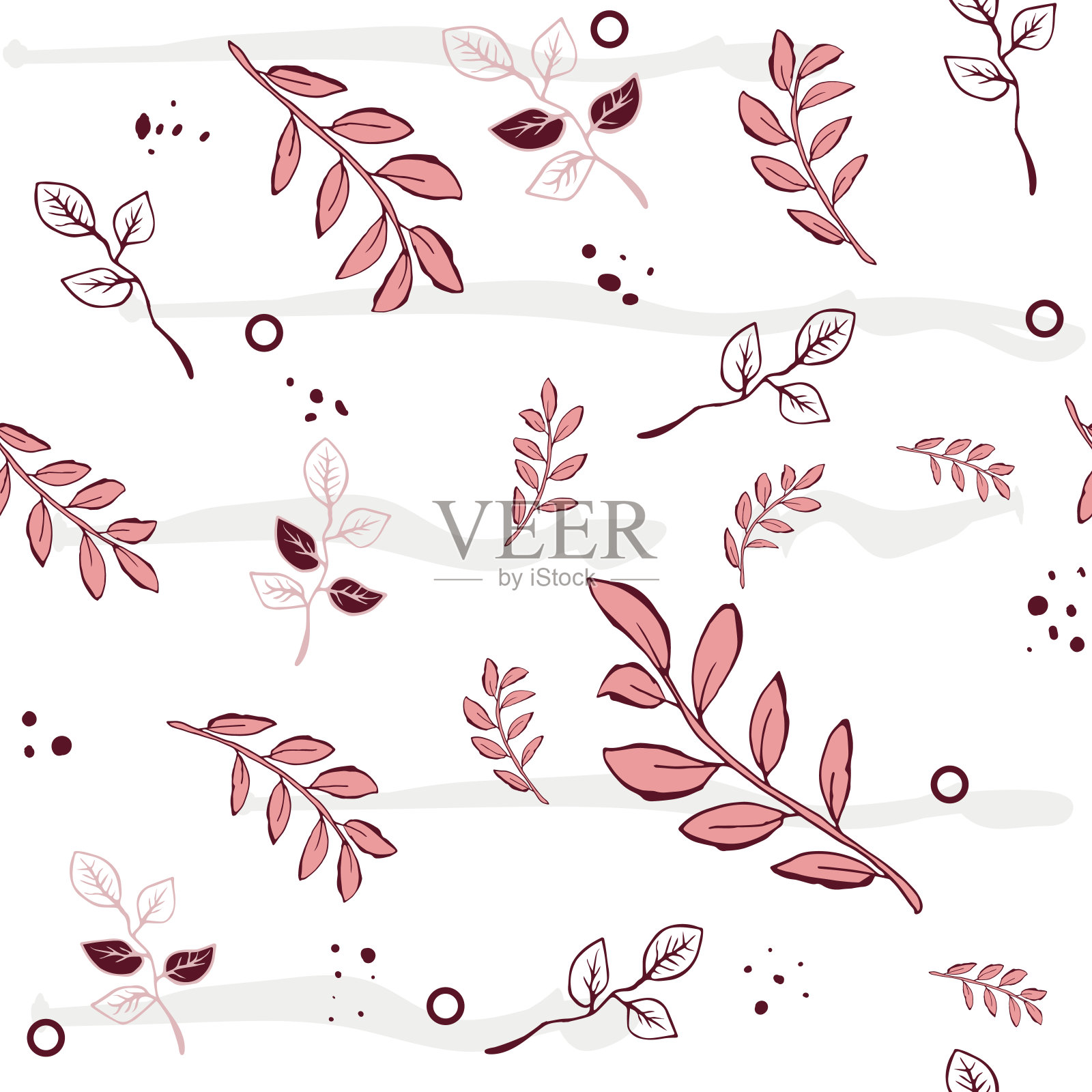 甜美的植物涂鸦叶。手工绘制无缝模式矢量设计的时装，面料，壁纸，所有的印花在白色底色。插画图片素材