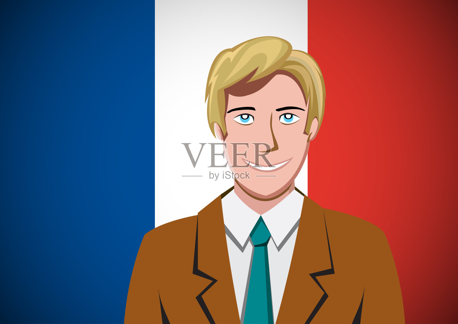 法国人，前面是国旗。平面设计中经理的肖像。矢量动画插画图片素材