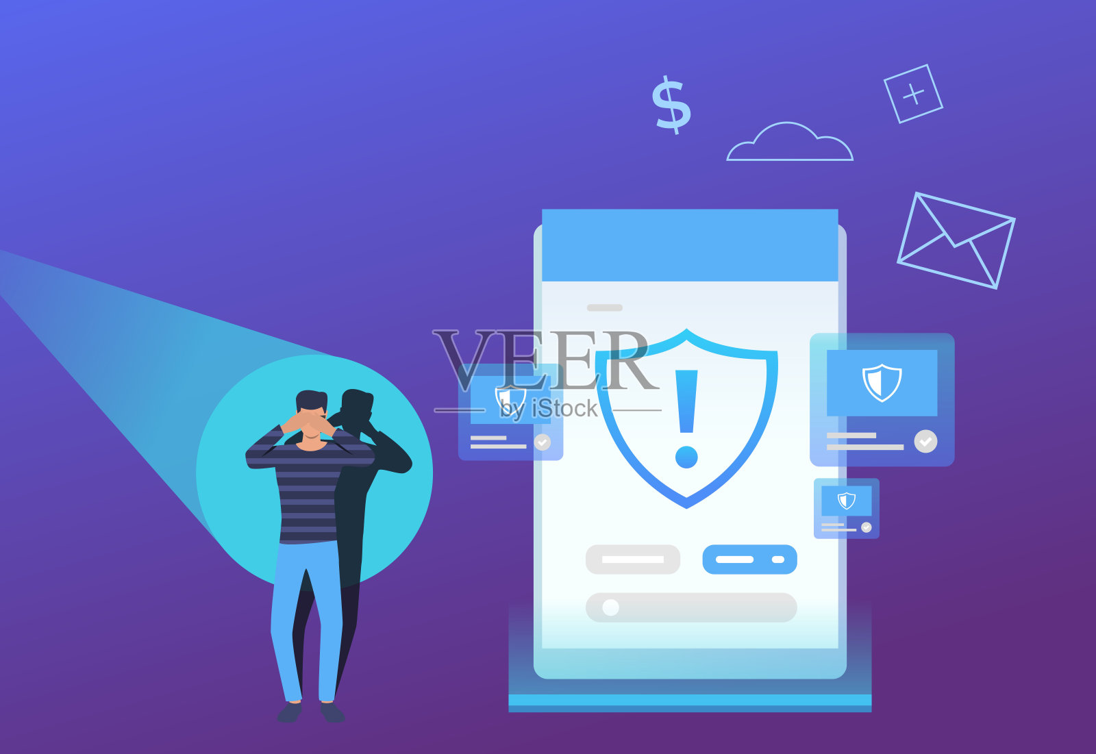 网络罪犯保护眼睛免受探照灯的伤害插画图片素材