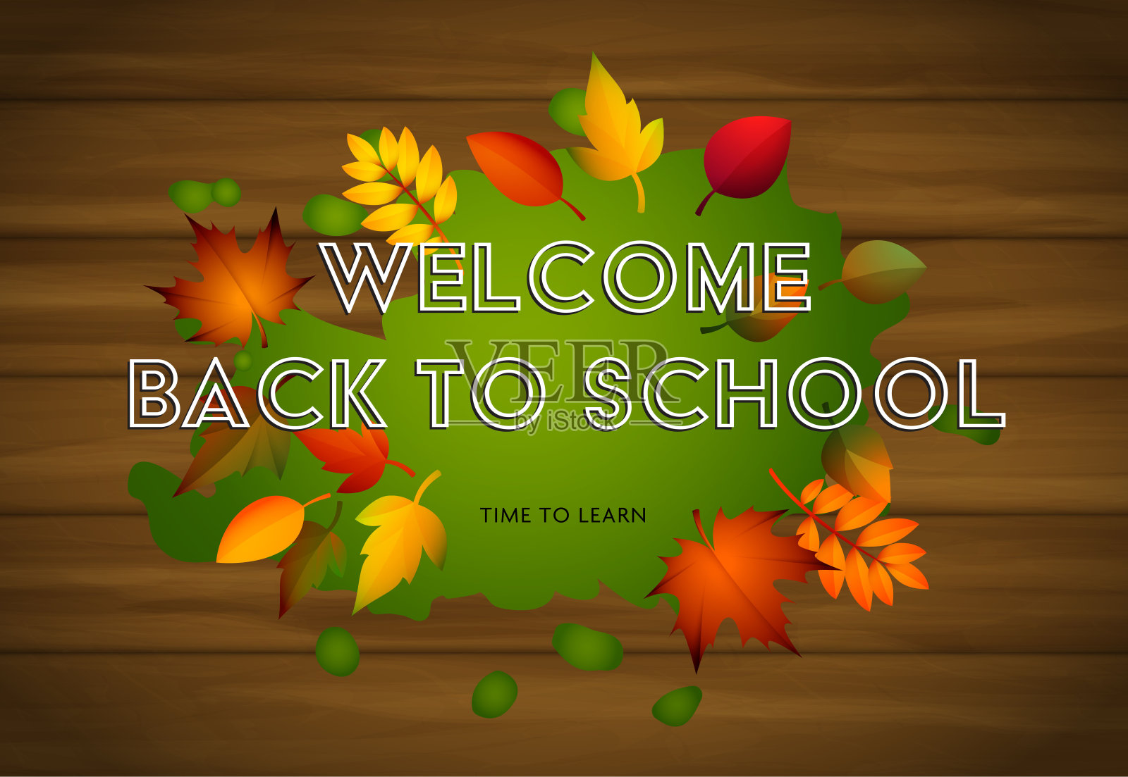 欢迎回到学校字母，绿色油漆斑点和树叶插画图片素材