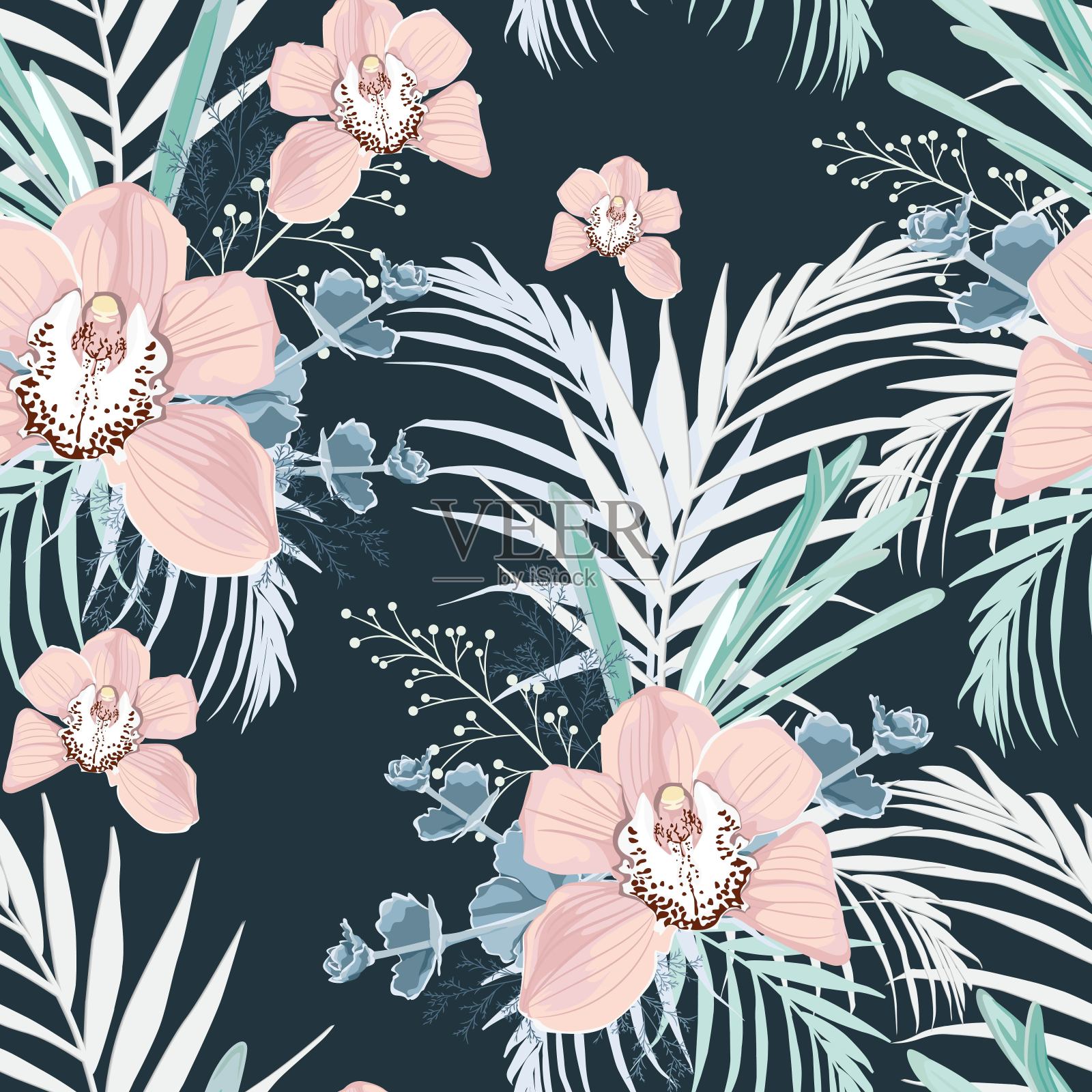 矢量无缝热带模式，与天堂米色兰花花盛开与热带绿化。现代夏春印花设计。白色背景。温柔的婚礼深蓝色的背景。插画图片素材