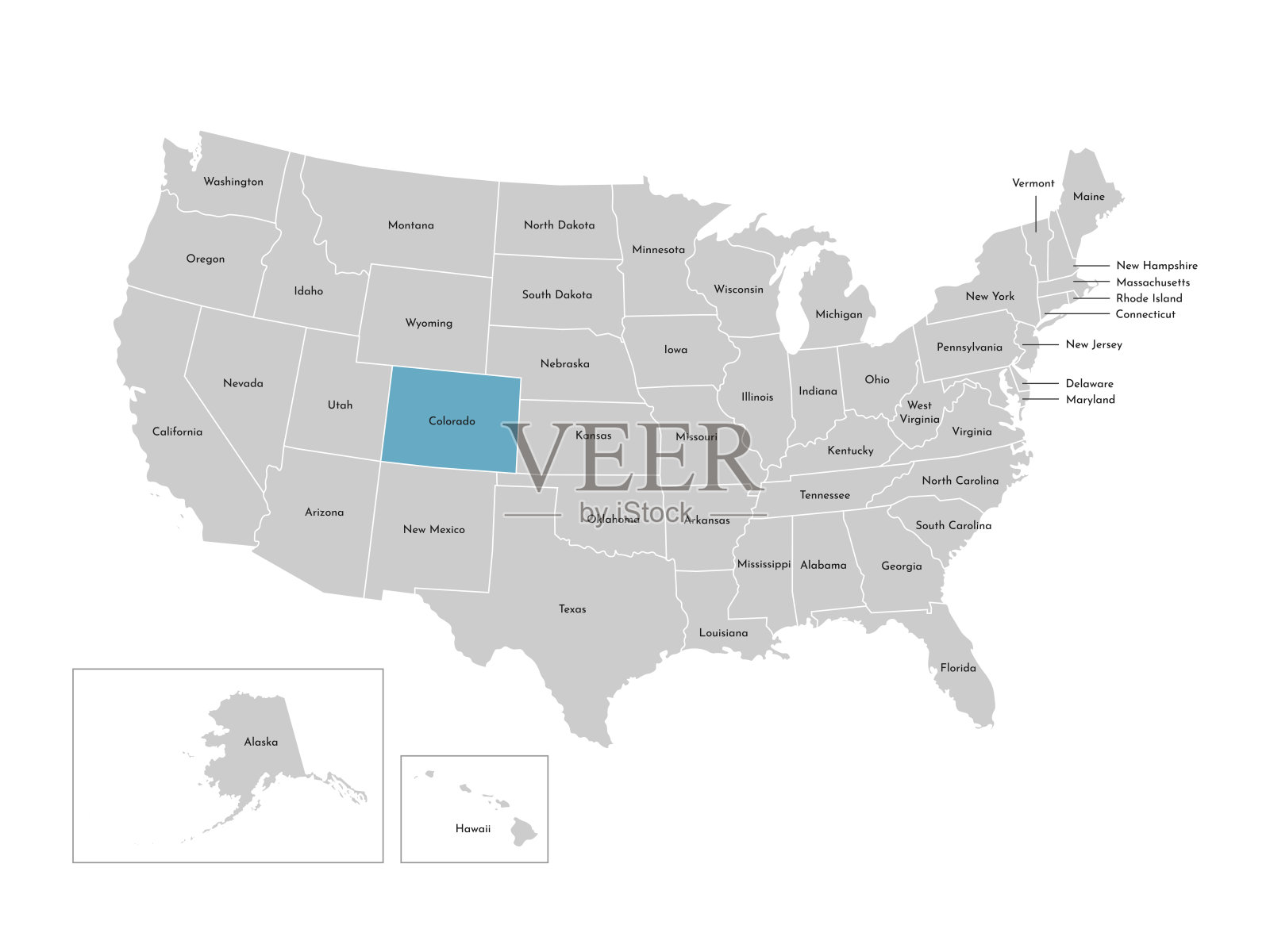 美国简化行政地图矢量孤立插图。有名字的州的边界。科罗拉多州的蓝色剪影插画图片素材