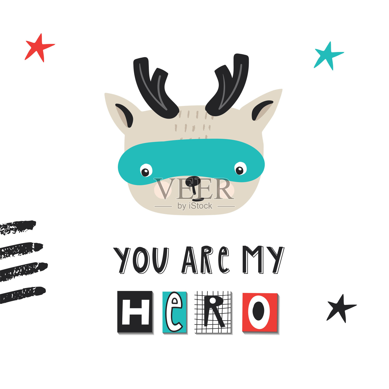 超级英雄-可爱和有趣的儿童托儿所海报与鹿动物和手绘字母。矢量插图。插画图片素材