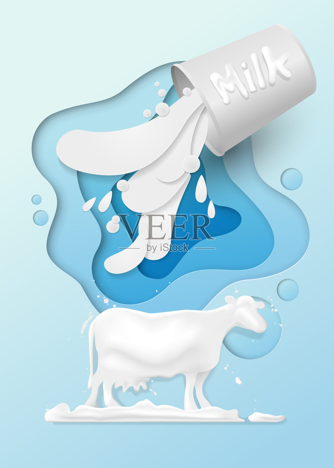 将牛奶从白色纸杯中倒在蓝色背景上。艺术风格剪纸。插画图片素材
