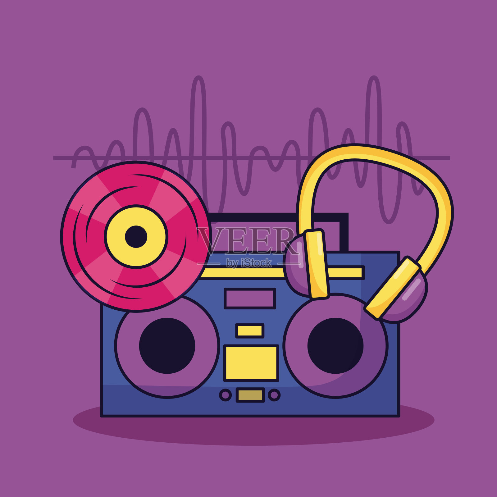 复古立体声唱片和耳机音乐丰富多彩的背景插画图片素材