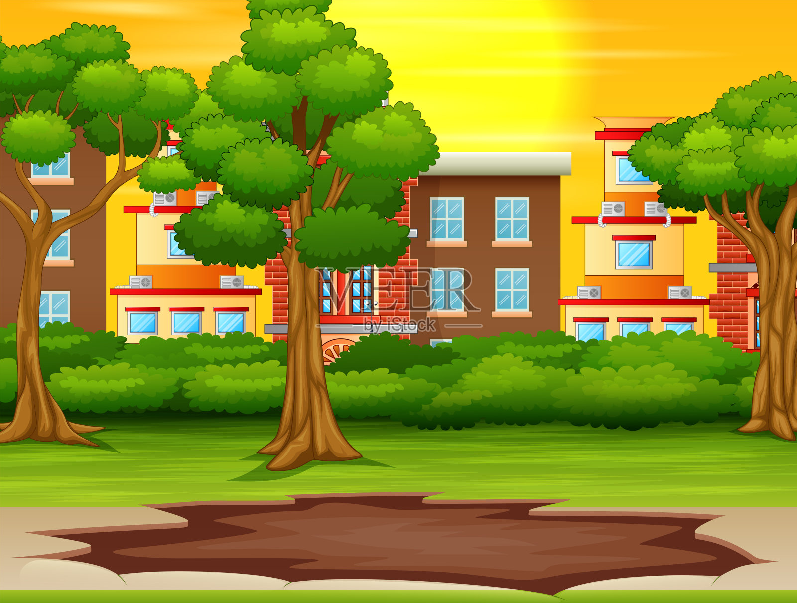 城市城市全景与绿色公园插画图片素材