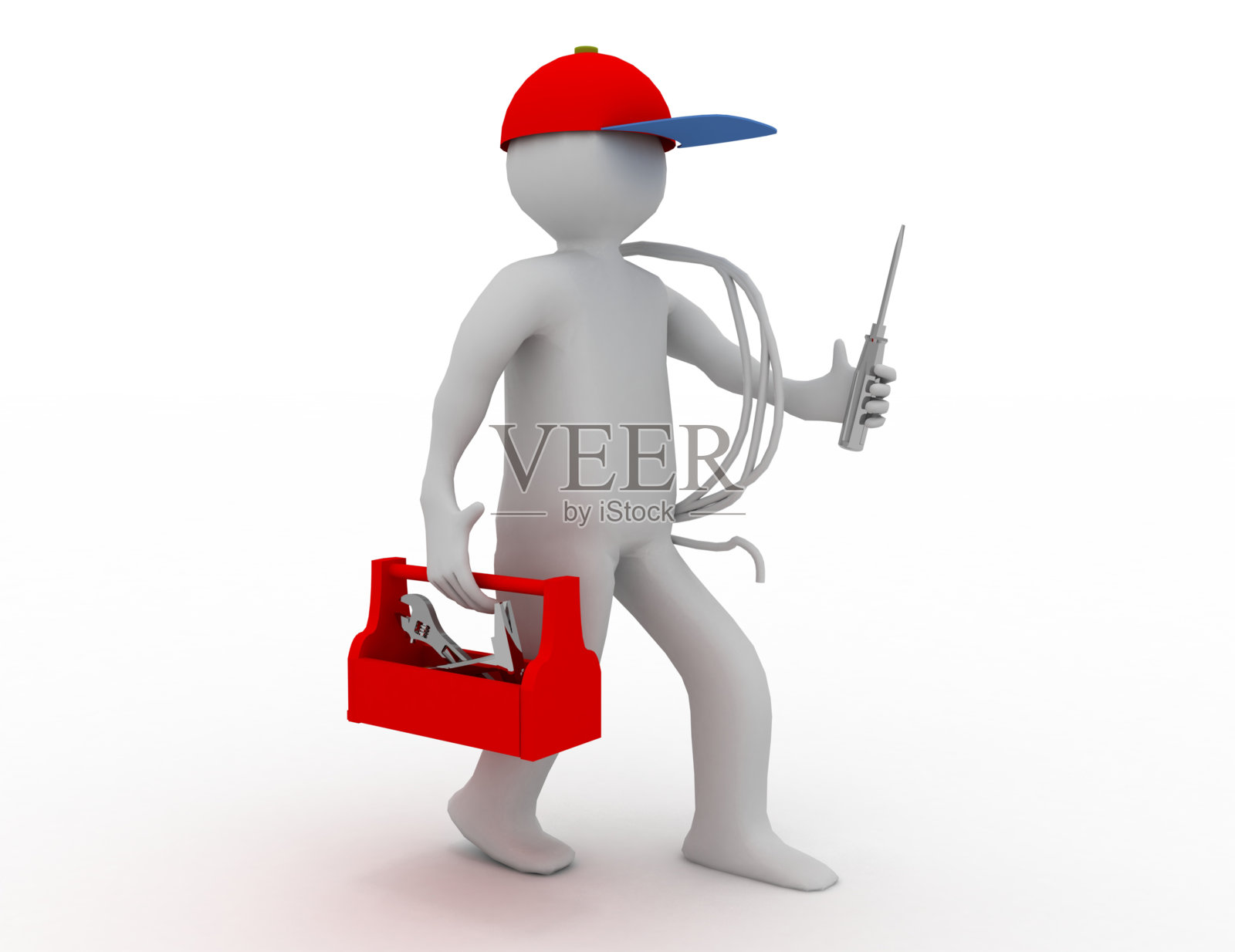 带工具箱、电缆和帽的行走电工。照片摄影图片