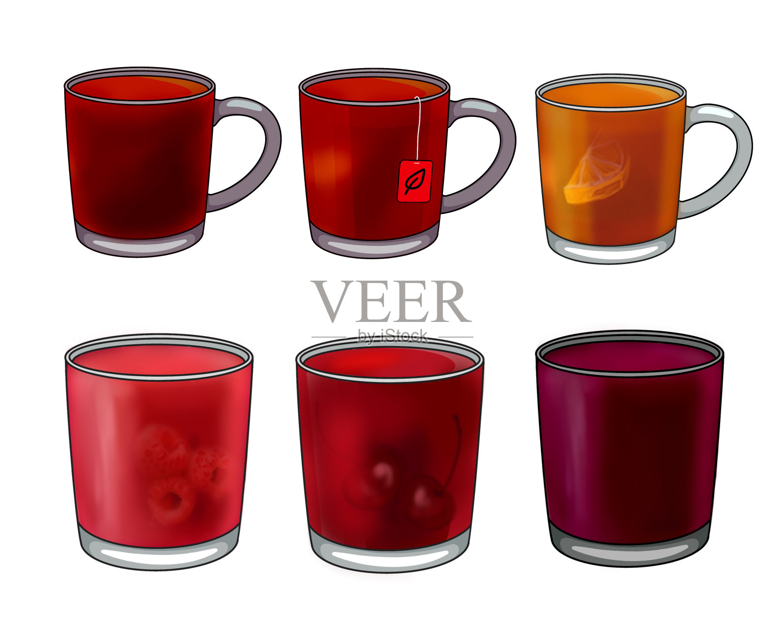 各种饮品，茶、茶配柠檬、咖啡、浆果饮料插画图片素材