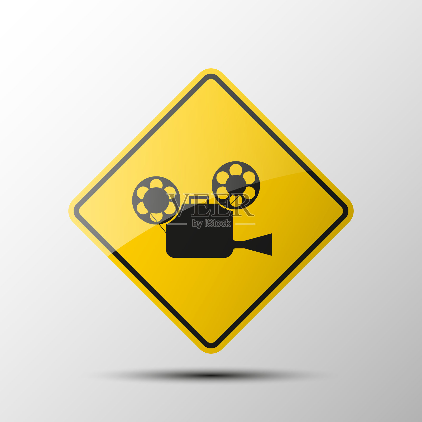 黄色菱形路标与黑色边框和图像投影仪在白色背景。插图插画图片素材