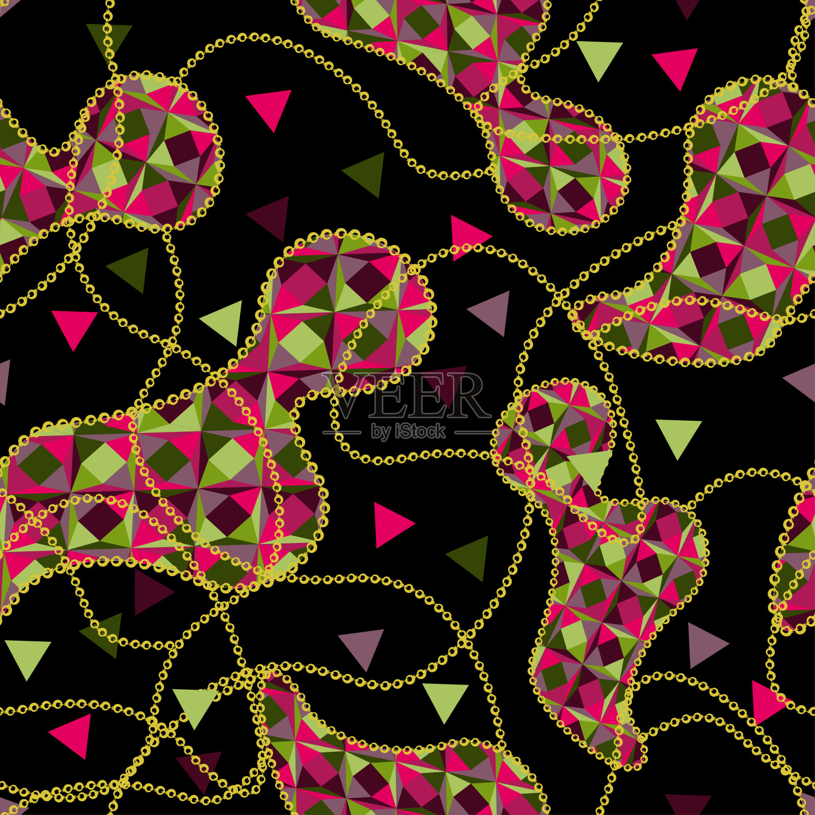 黑色背景上粉红色和绿色几何图形的金色链子插画图片素材