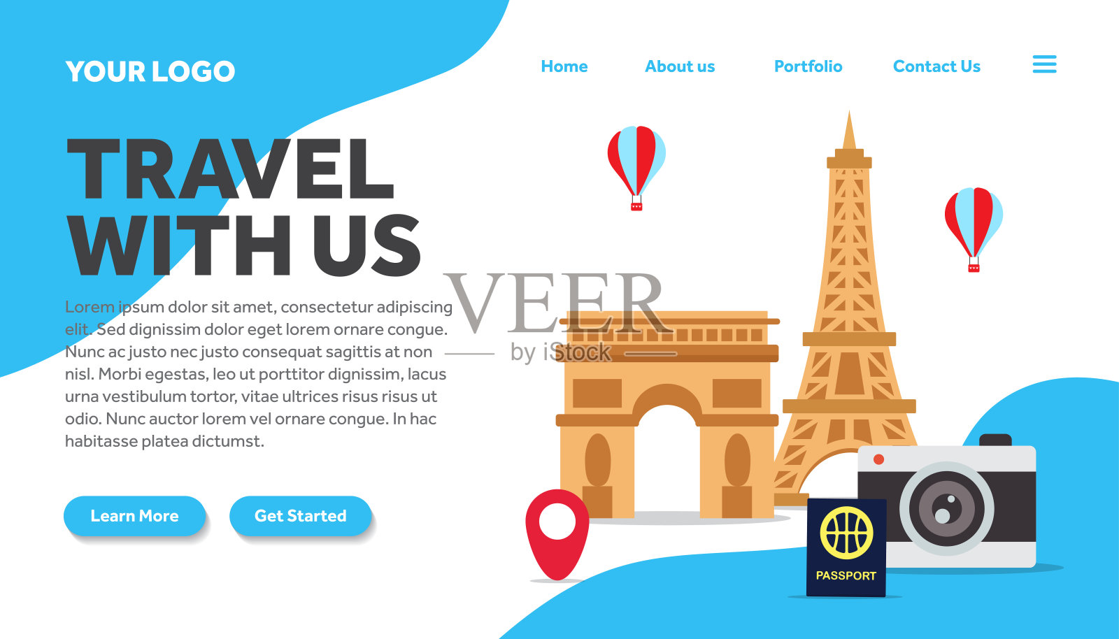 法国巴黎创意插画登陆页面模板巴黎矢量图形，法国巴黎平面风格插画矢量，登陆页面模板，用于网站模板设计模板素材