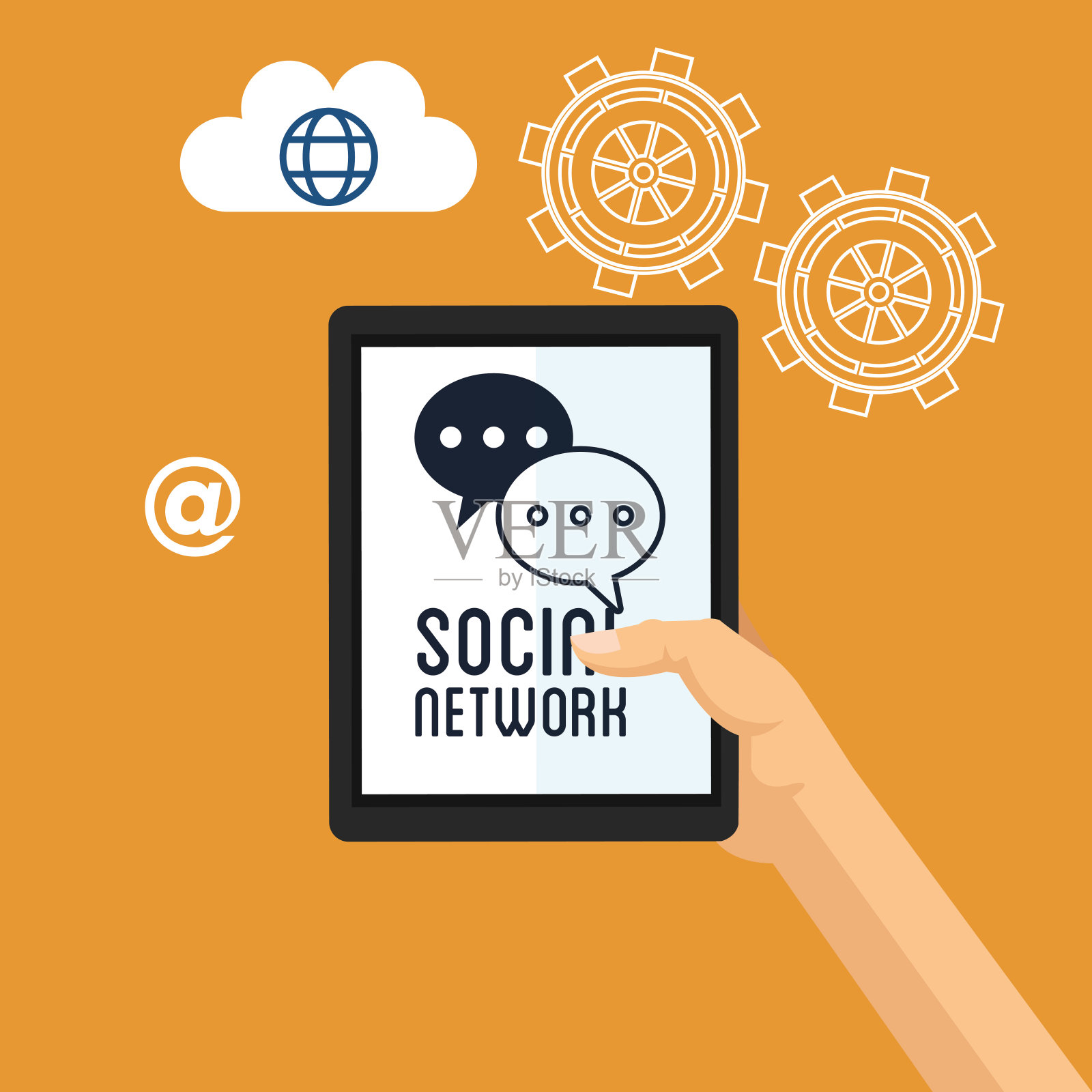 手持平板电脑社交网络团队装备云插画图片素材