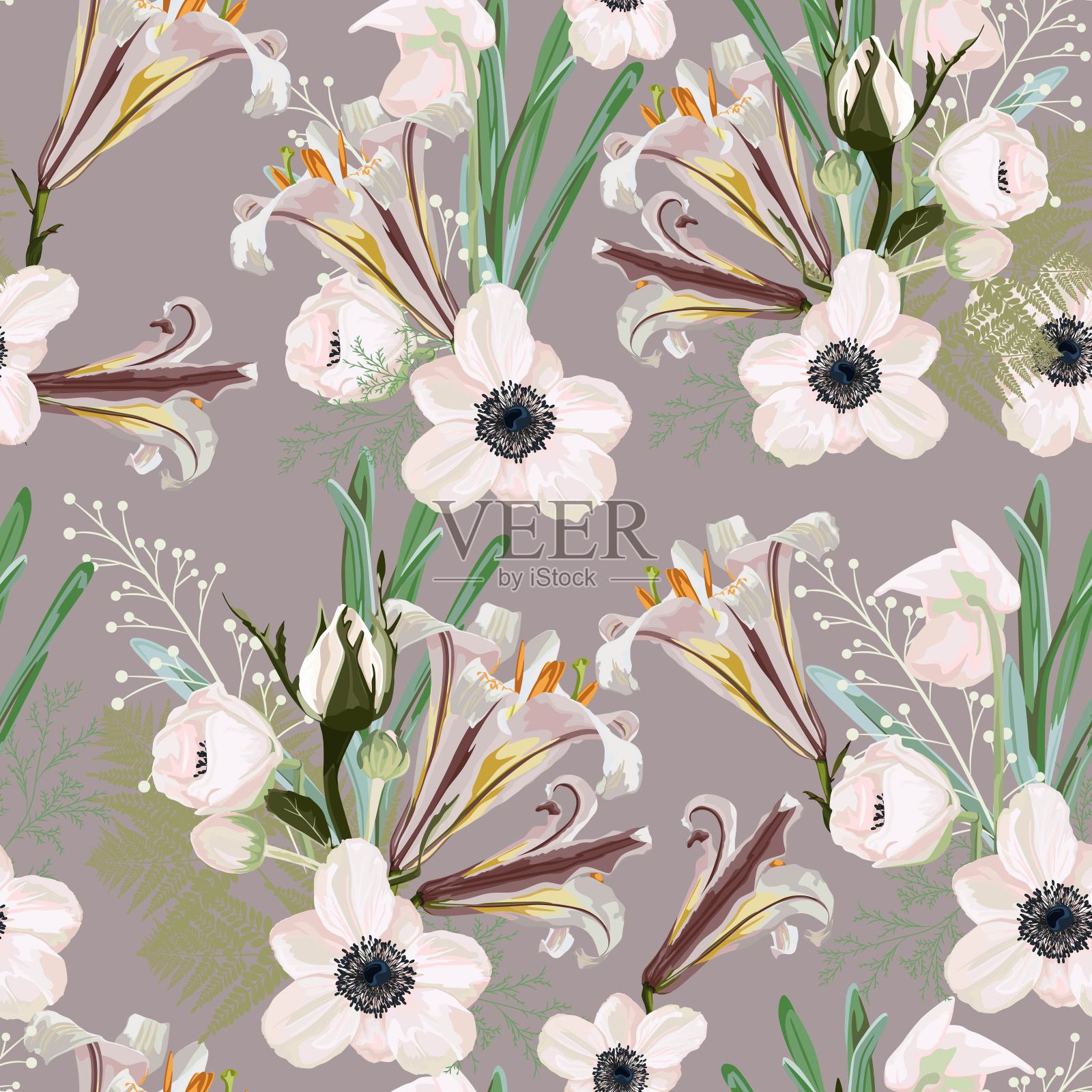 时髦的复古花卉图案与许多种类的花。植物图案散落随机。白百合和海葵无缝模式。插画图片素材