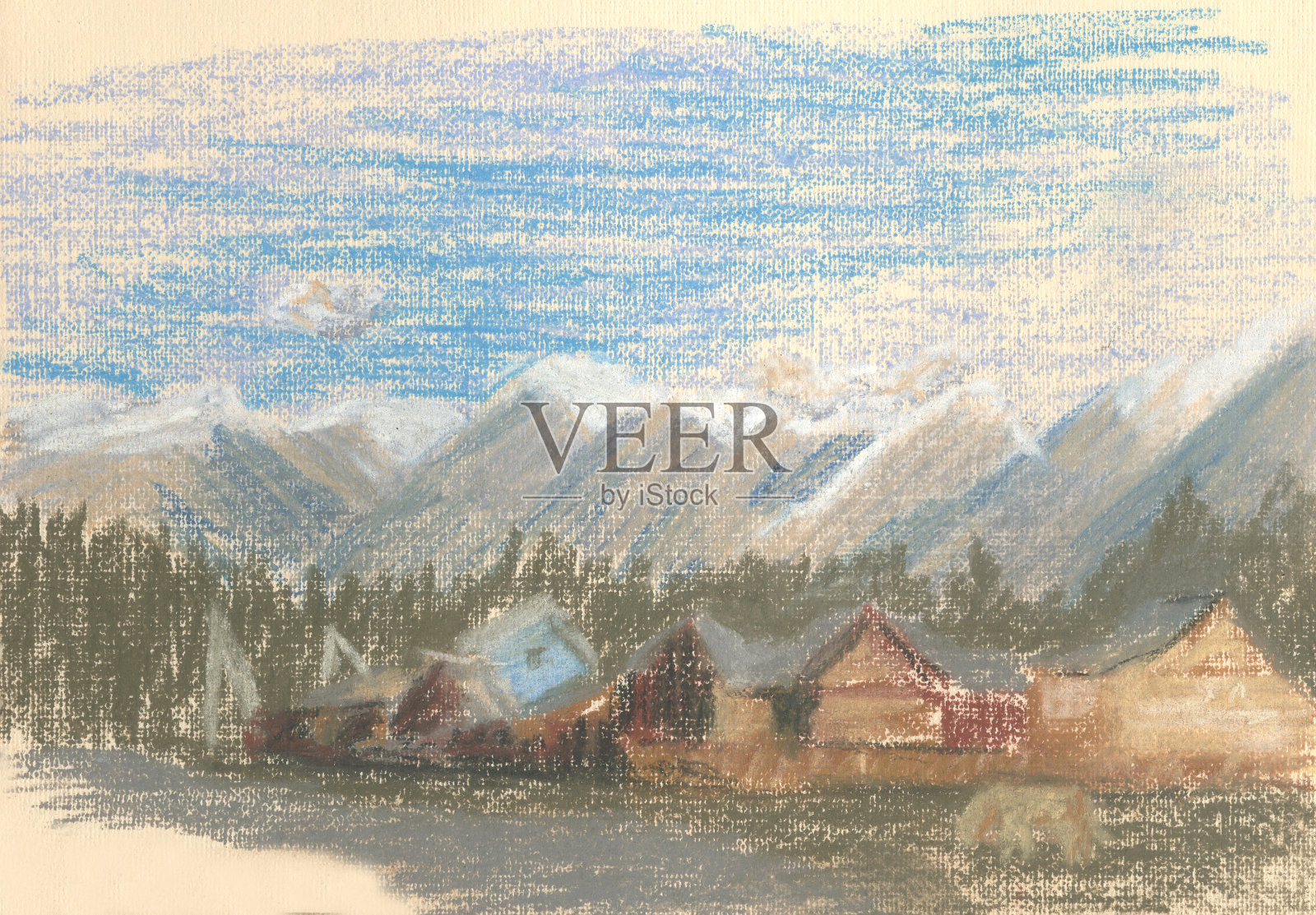 山景，村与山在地平线上插画图片素材