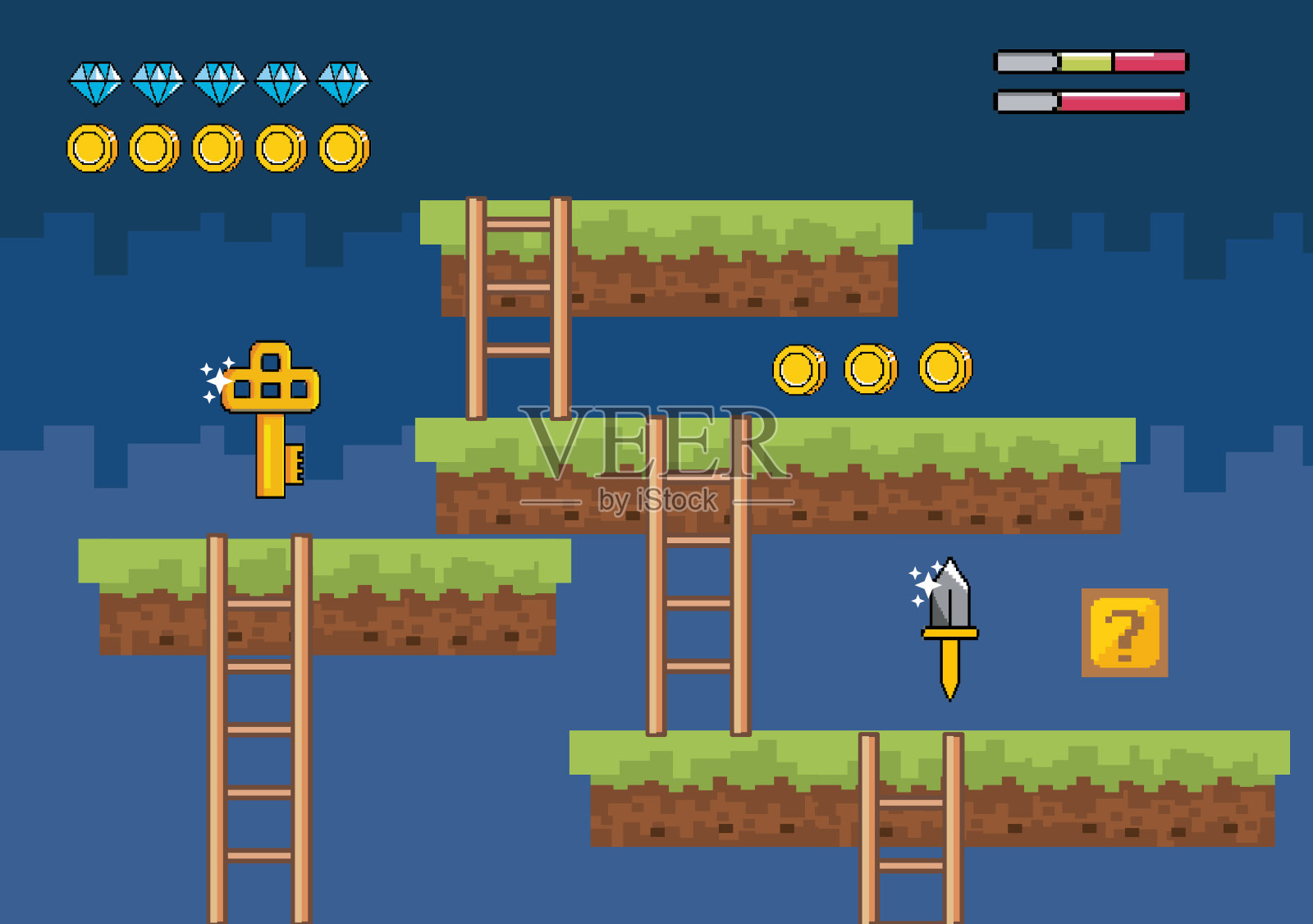 钻石，硬币，钥匙和梯子插画图片素材