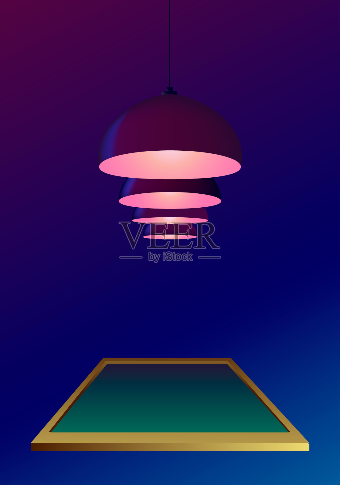 吊灯或灯泡悬挂在台球桌上方，以写实的风格闪闪发光。深蓝色的背景。海报邀请模板为一个台球比赛冠军。插画图片素材