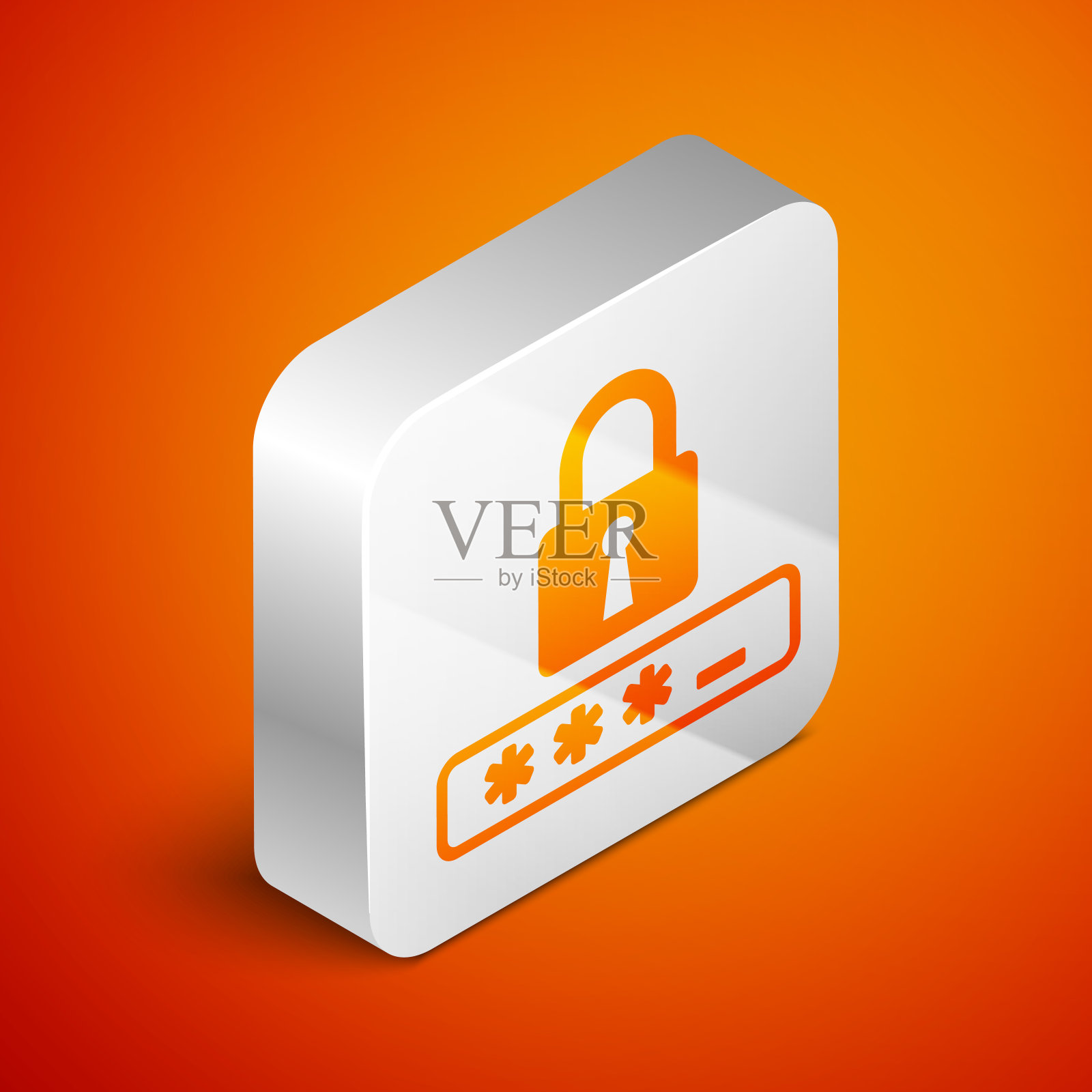 等距密码保护和安全访问图标隔离在橙色背景。锁定图标。安全、安全、保护、隐私的理念。银广场按钮。矢量图插画图片素材