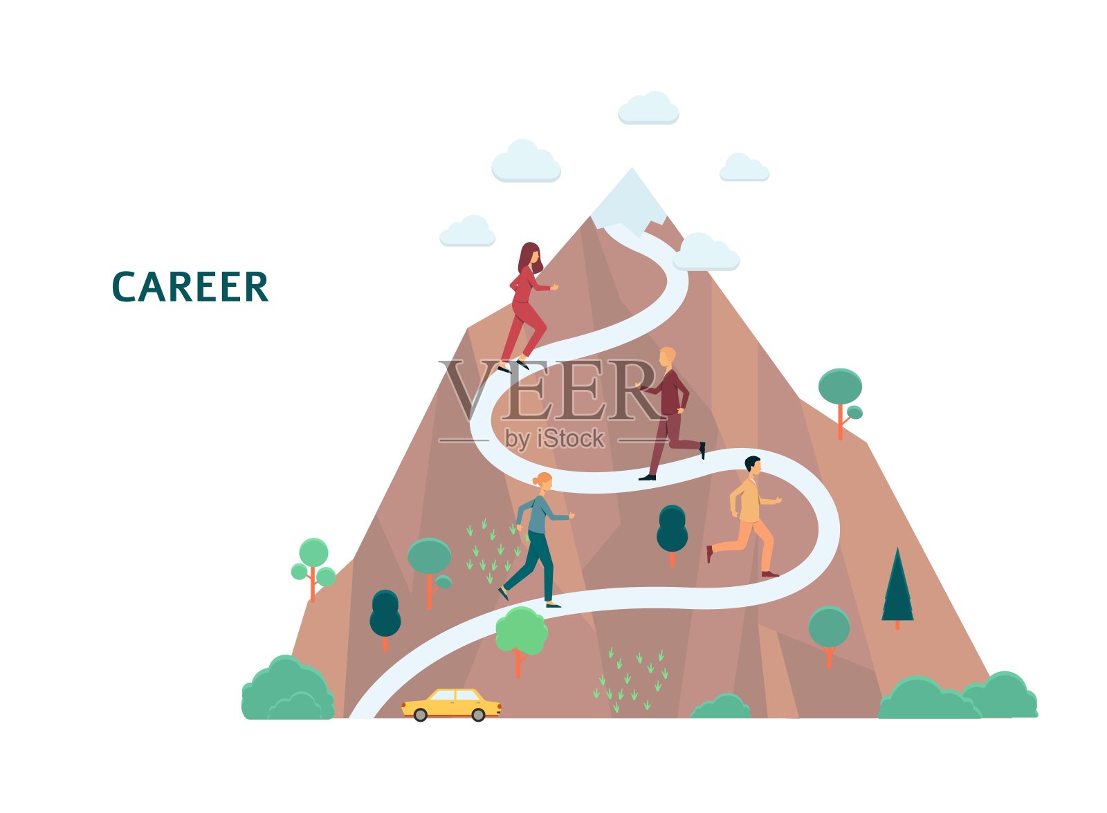 矢量山与旗帜上顶成功的概念插画图片素材