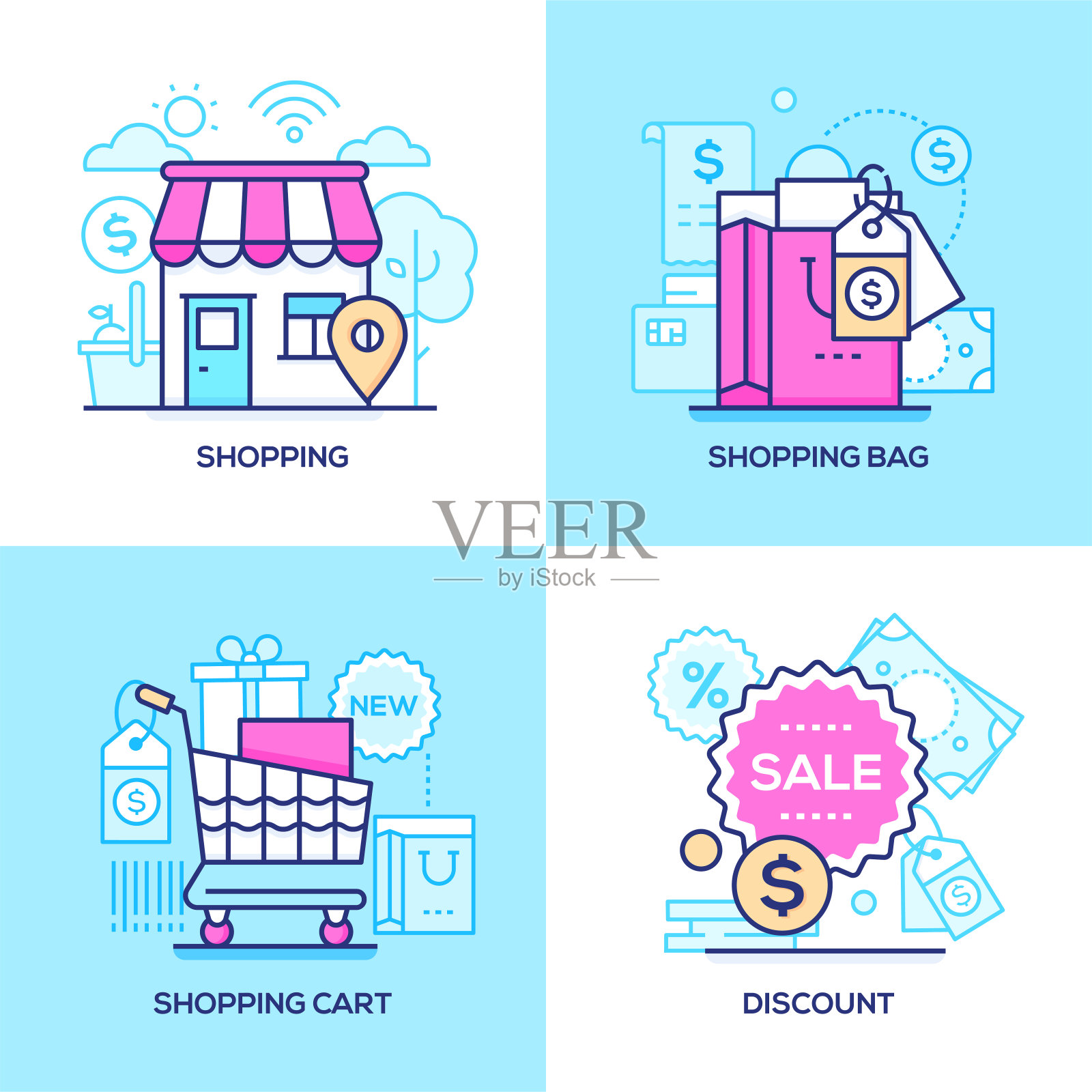 电子商务系列线条设计风格丰富多彩插图插画图片素材