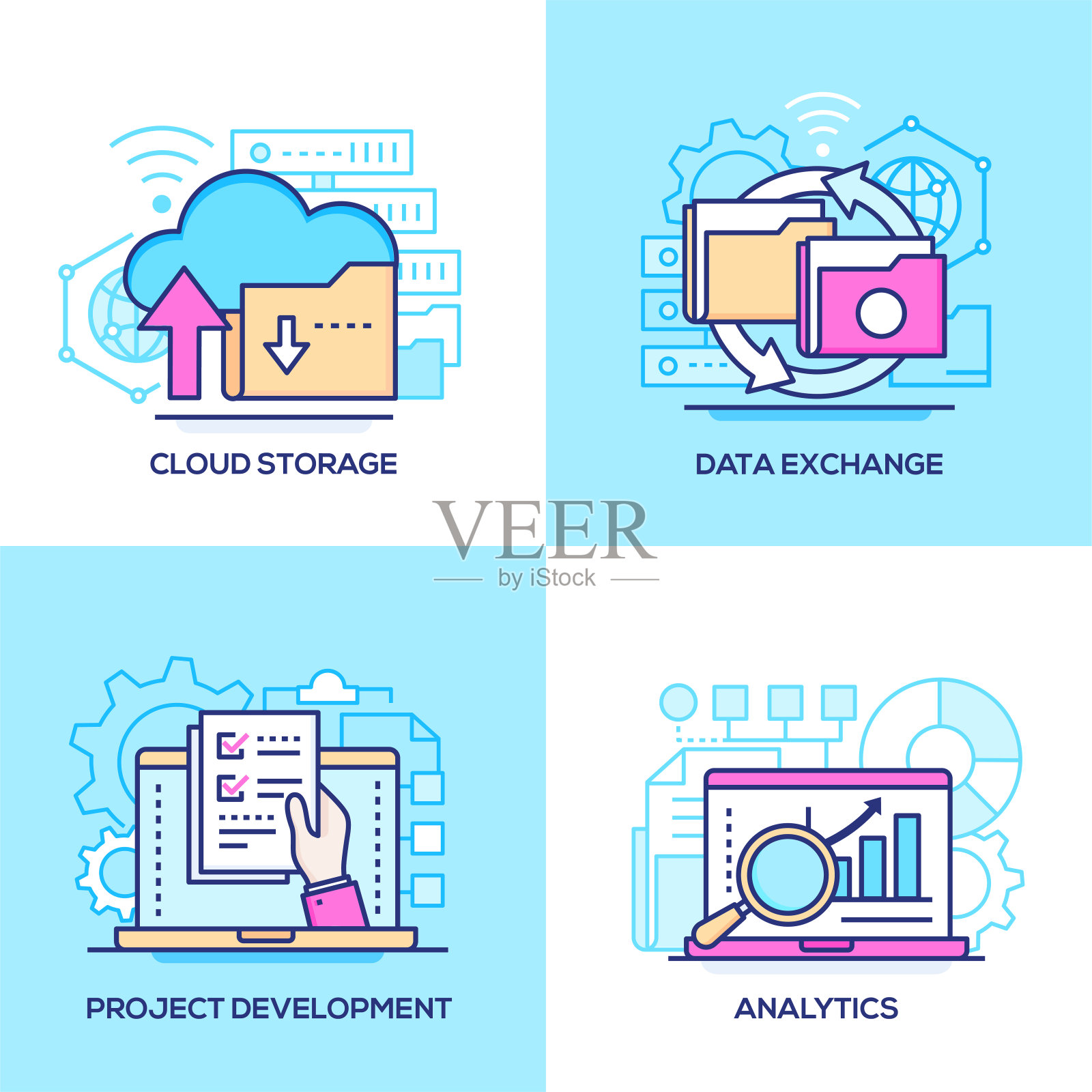 商业技术-集线条设计风格丰富多彩的插图插画图片素材