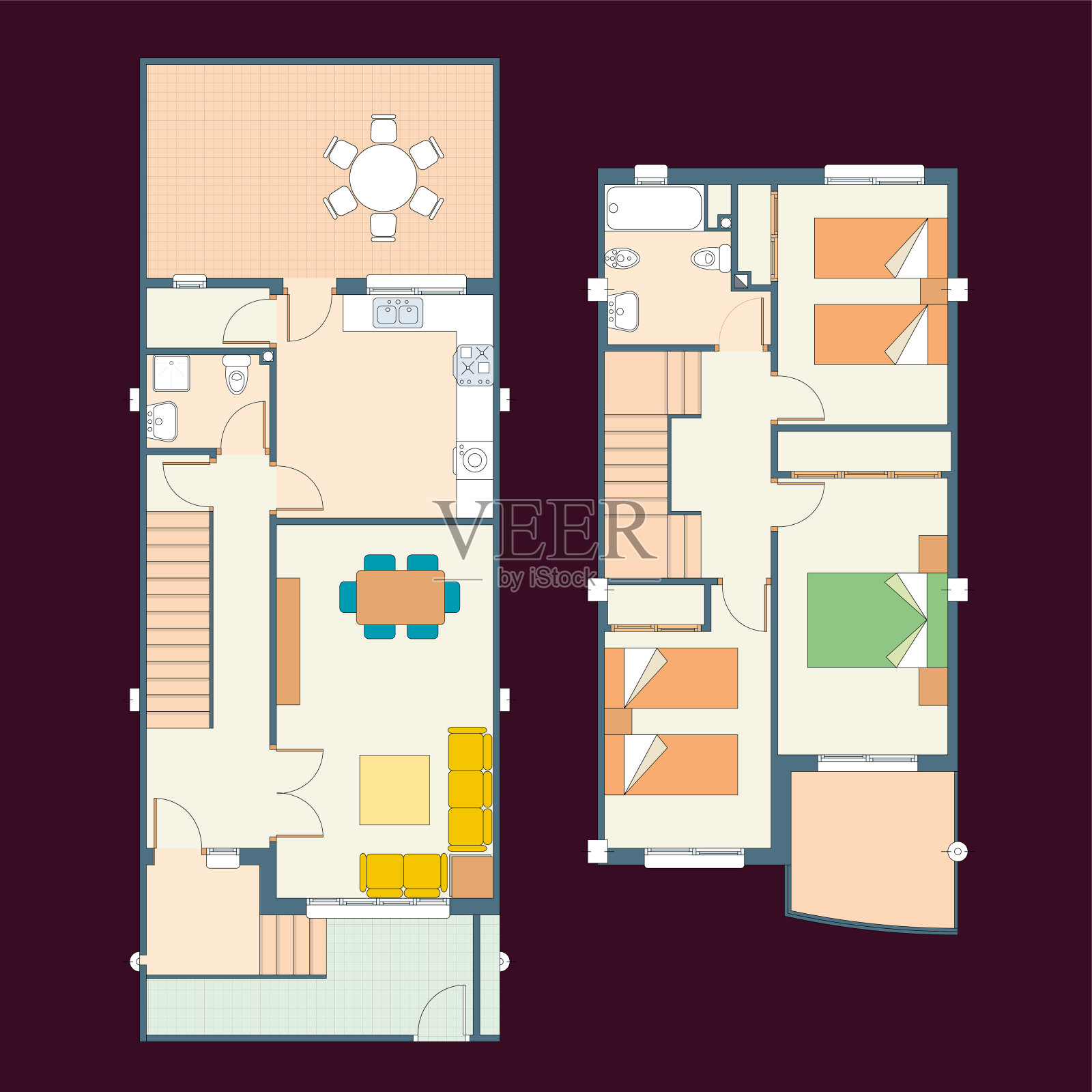 带有家具和其他元素的房屋平面图插画图片素材