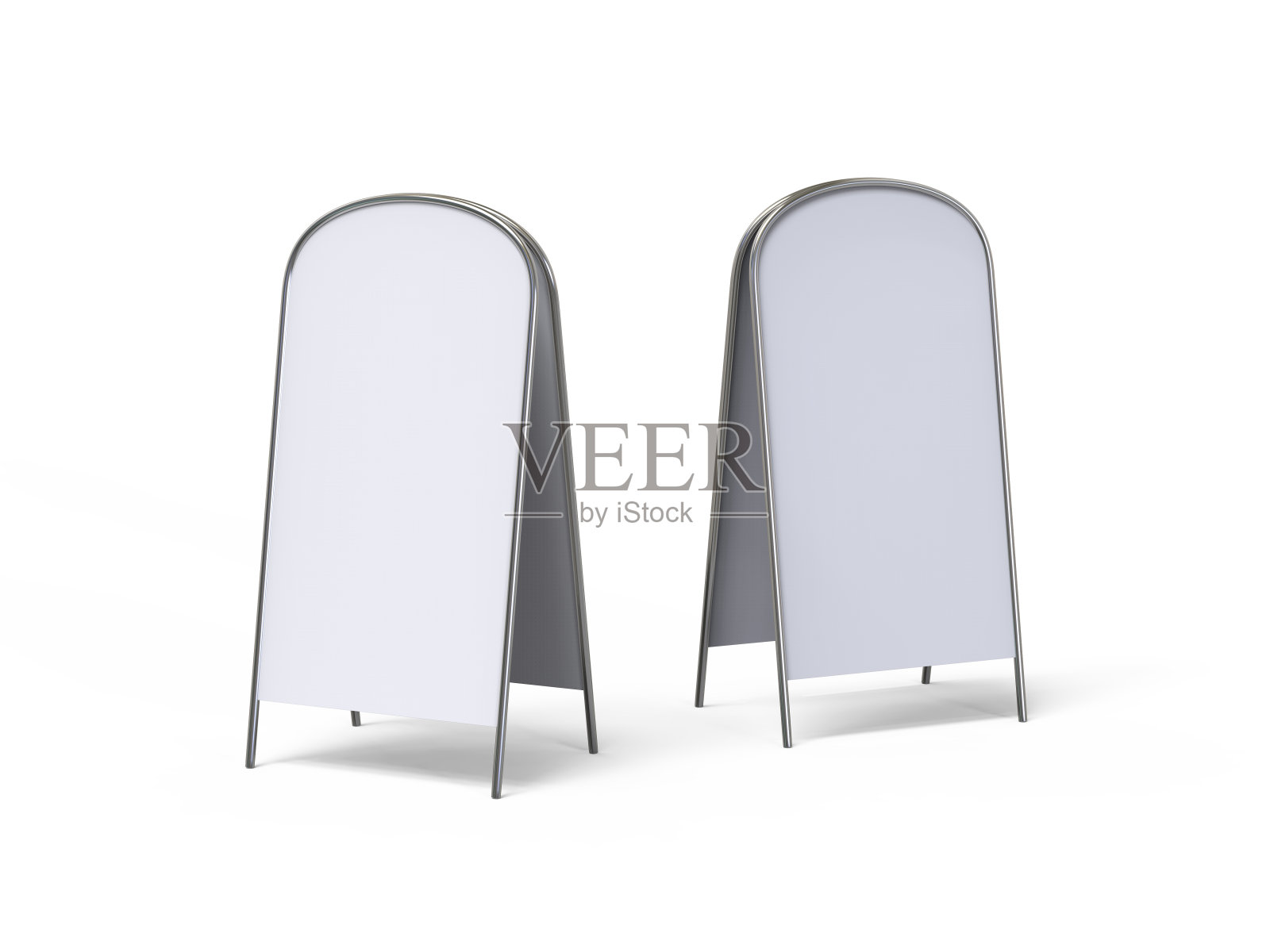 空白全把手金属户外广告站孤立，清除街道标牌模拟。带金属框架模板的圆角a型板。三维演示照片摄影图片