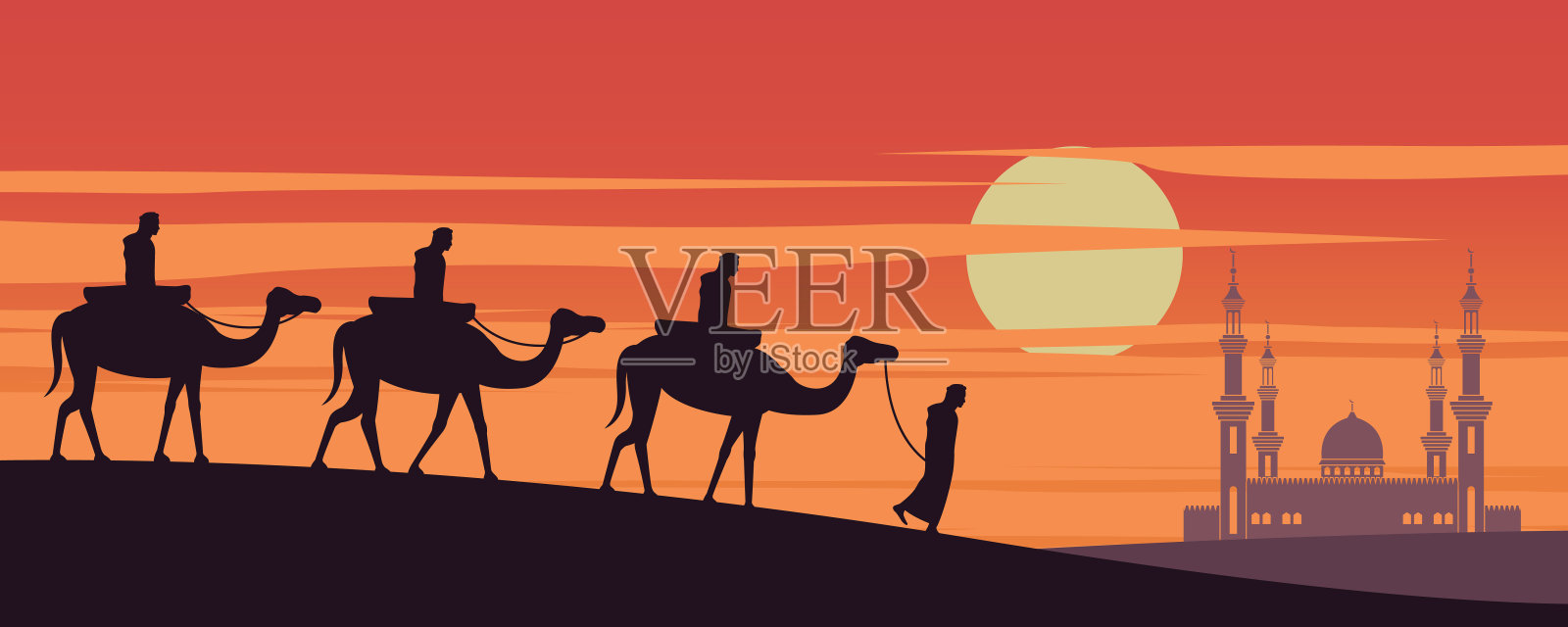 日落时分，穆斯林骑着骆驼前往迪拜的清真寺，这是阿拉伯的传统，剪影设计插画图片素材