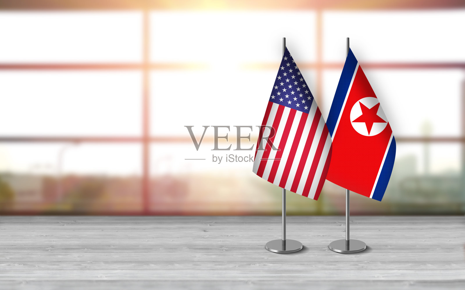 美国和朝鲜的3D桌旗站在一起，在阳光明媚的背景和大的复制空间。照片摄影图片