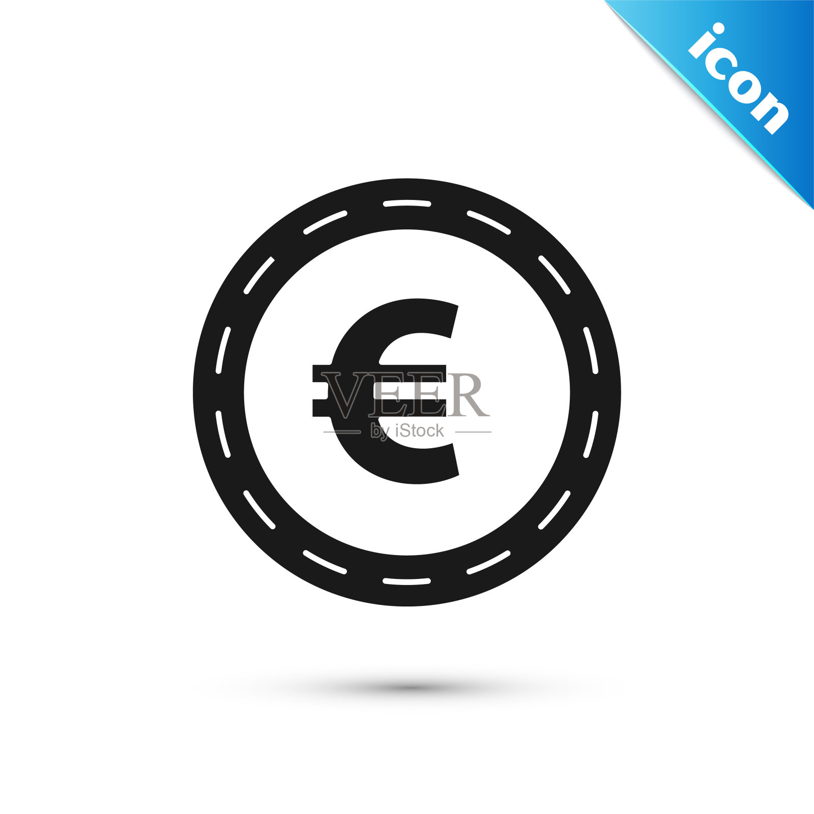 黑色硬币货币与欧元符号图标隔离在白色背景上。银行货币标志。现金的象征。矢量图图标素材