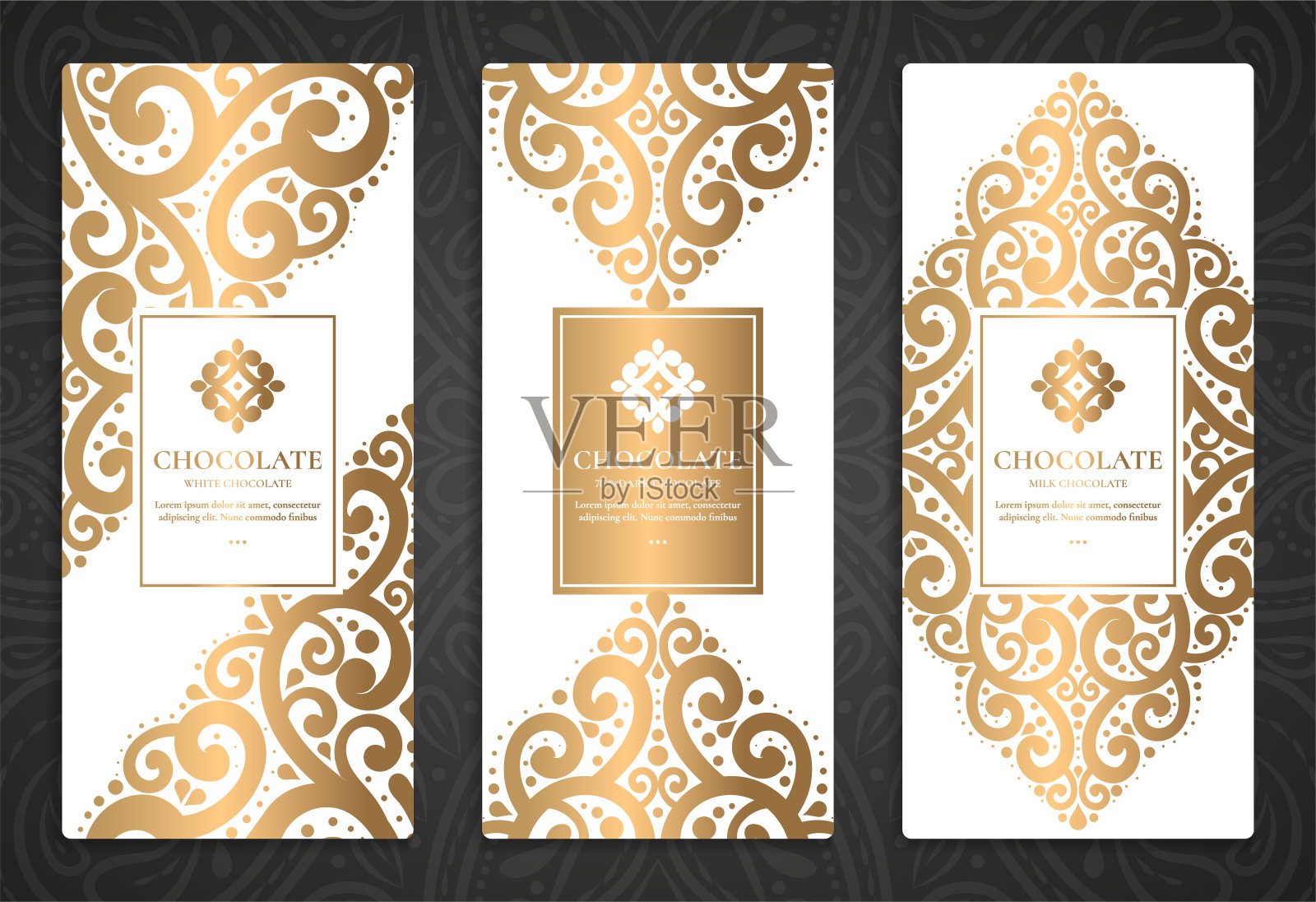 巧克力棒的奢华金色包装设计。复古矢量装饰模板。优雅,经典的元素。非常适合食品，饮料和其他包装类型。可用于背景和壁纸。插画图片素材