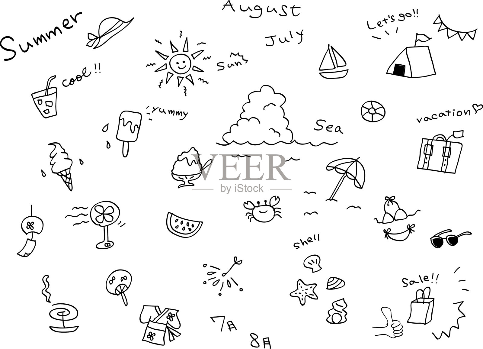 夏季图标设置和夏季背景插画图片素材