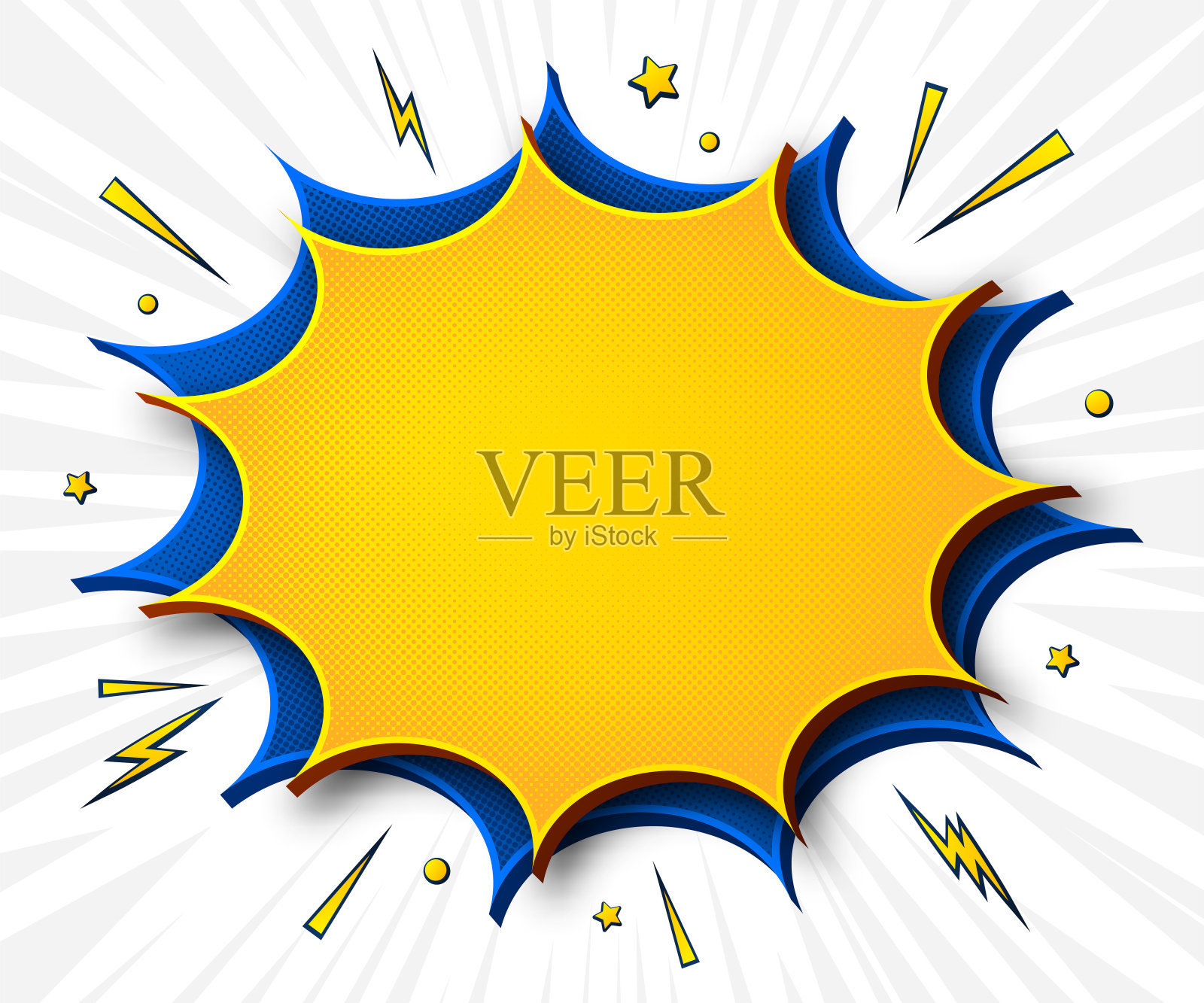 漫画的背景。卡通海报在波普艺术风格与黄蓝色讲话气泡与半色调和声音效果。设计元素图片