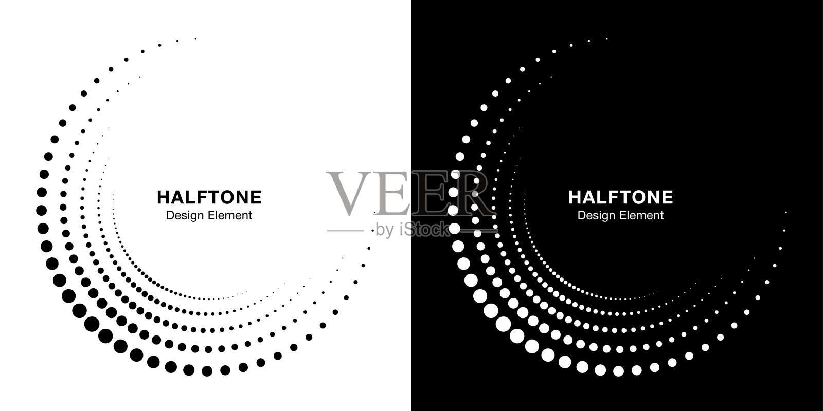 一套半色调不完整的圆框架点标志孤立的背景。圆形部分设计元素用于处理、工艺。半圆边框图标使用半色调圆点纹理。向量插画图片素材