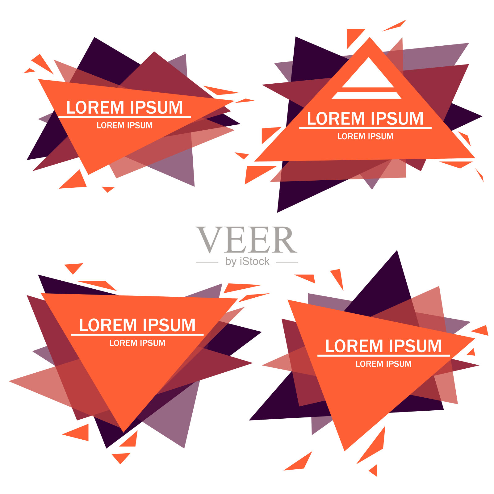 一套现代抽象标志的横幅。三角形红色彩色标志。带有文本的平面几何形状。矢量插图上的白色背景设计模板素材