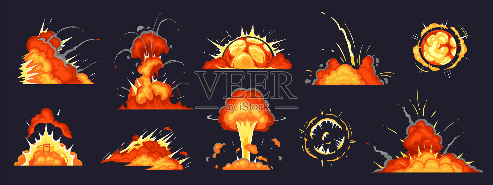卡通炸弹爆炸。炸药爆炸，危险爆炸炸弹爆炸和原子弹云漫画矢量插图设置插画图片素材