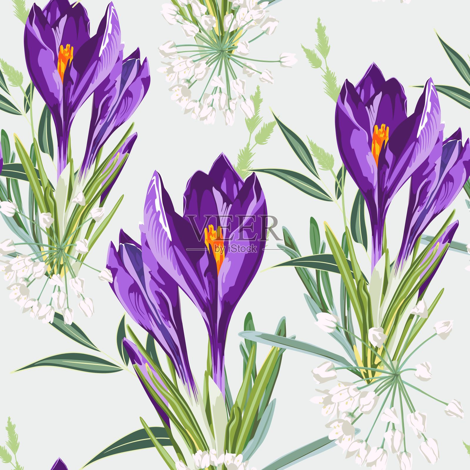 紫罗兰番红花与草本花束无缝模式。水彩风格的插图。光背景。时髦的春天花朵壁纸或织物。插画图片素材