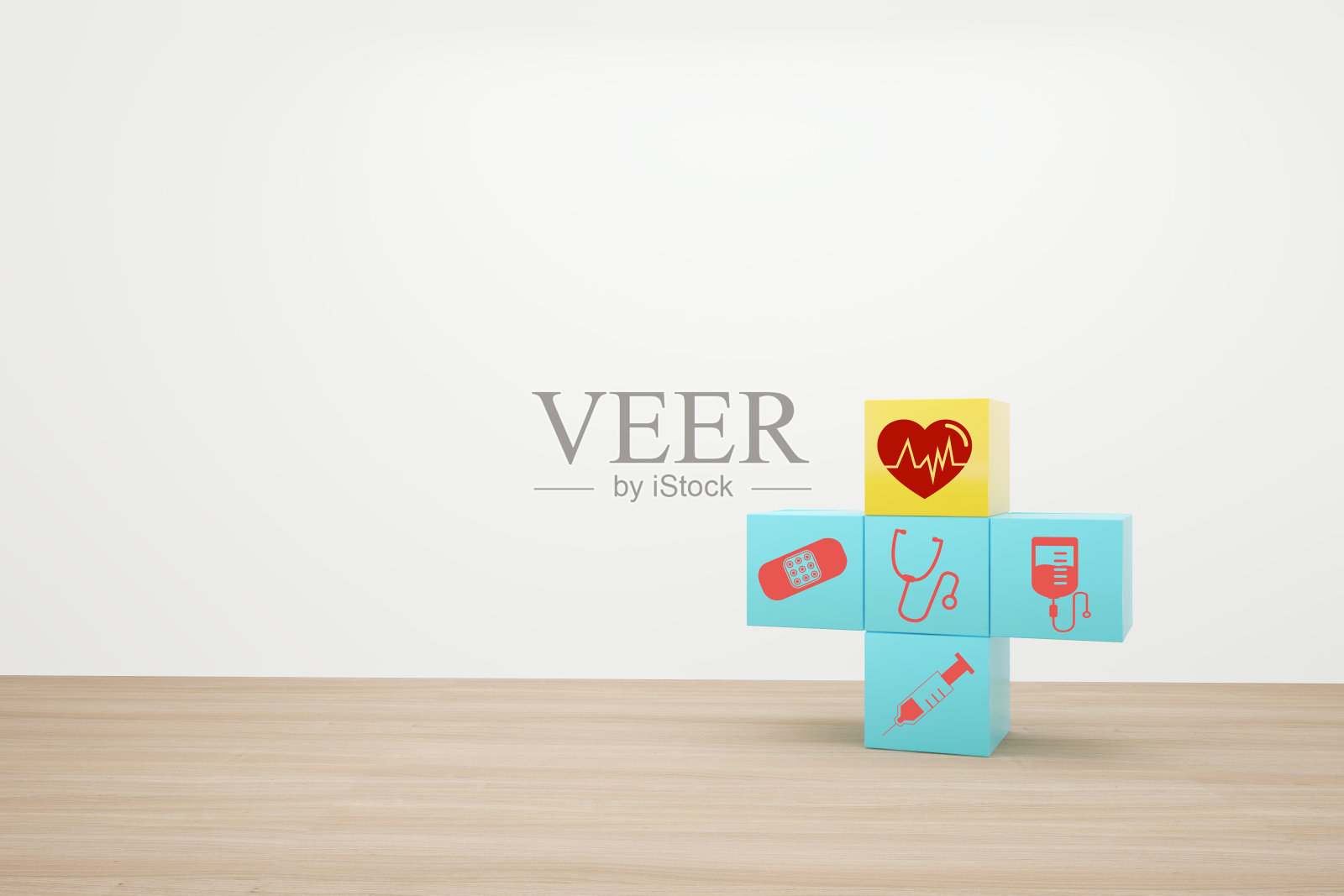 健康和医疗保险的最小概念概念，安排块颜色堆叠与图标医疗保健木质背景。照片摄影图片