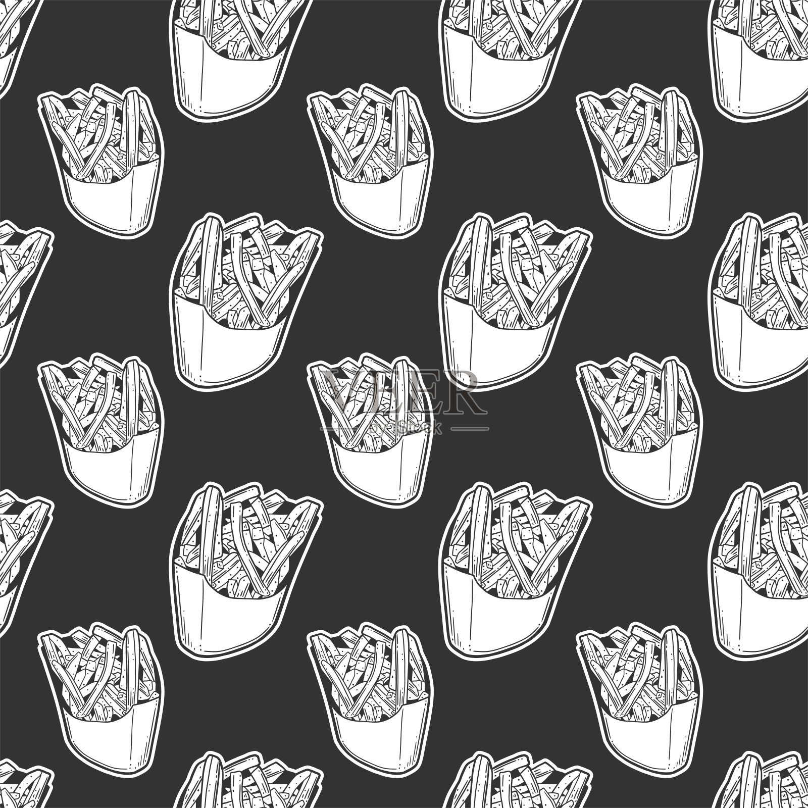 炸薯条。矢量概念涂鸦和素描风格。手绘插图印刷在t恤，明信片上。插画图片素材