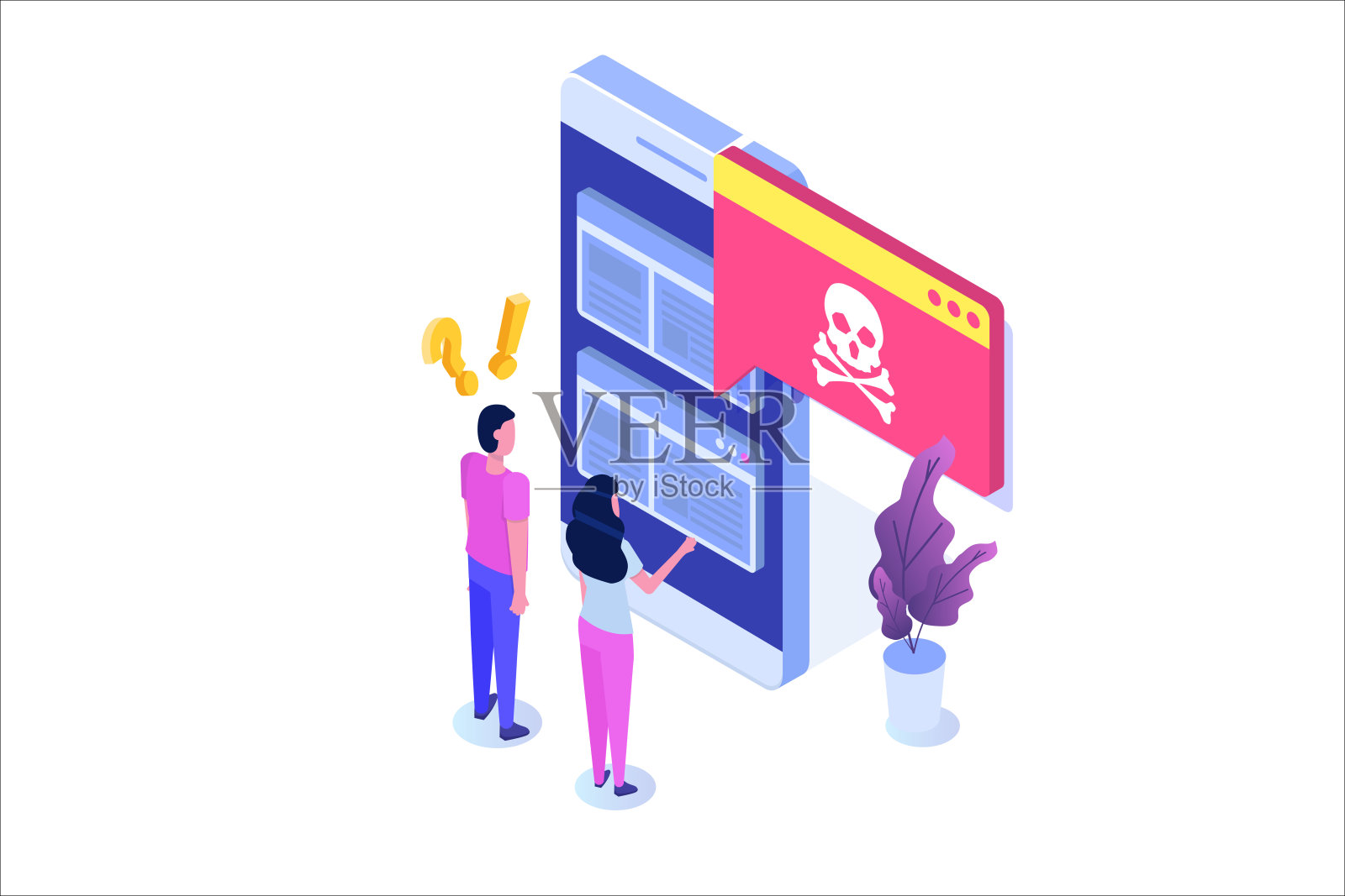 智能手机病毒恶意软件木马通知或警报。黑客攻击，移动安全矢量概念。插画图片素材