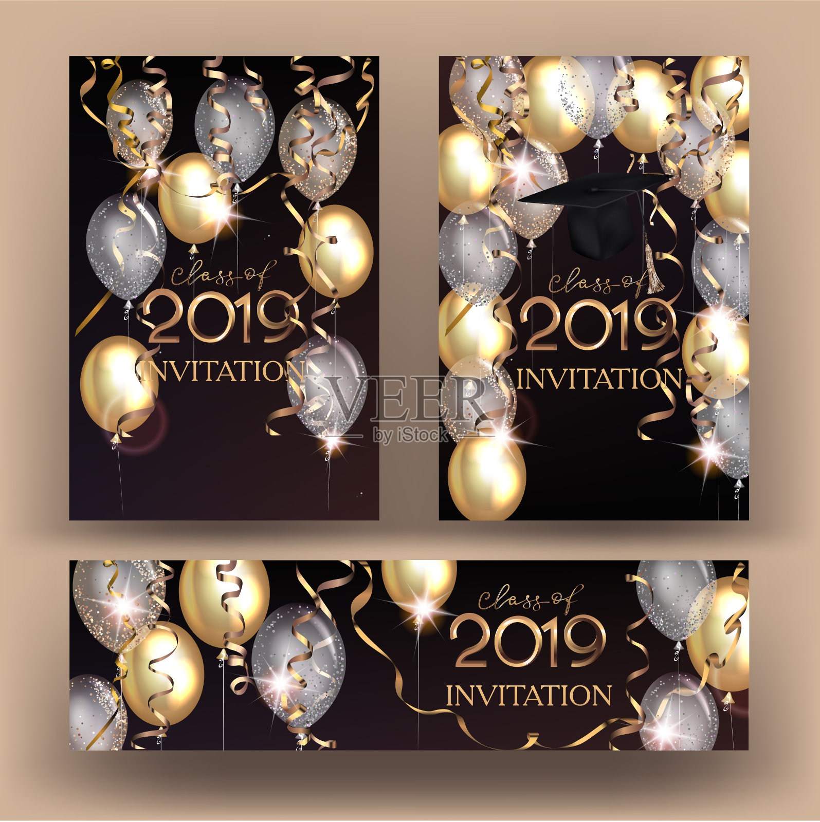 毕业晚会上，闪亮的横幅上挂着气球和蛇形图案。矢量图设计模板素材