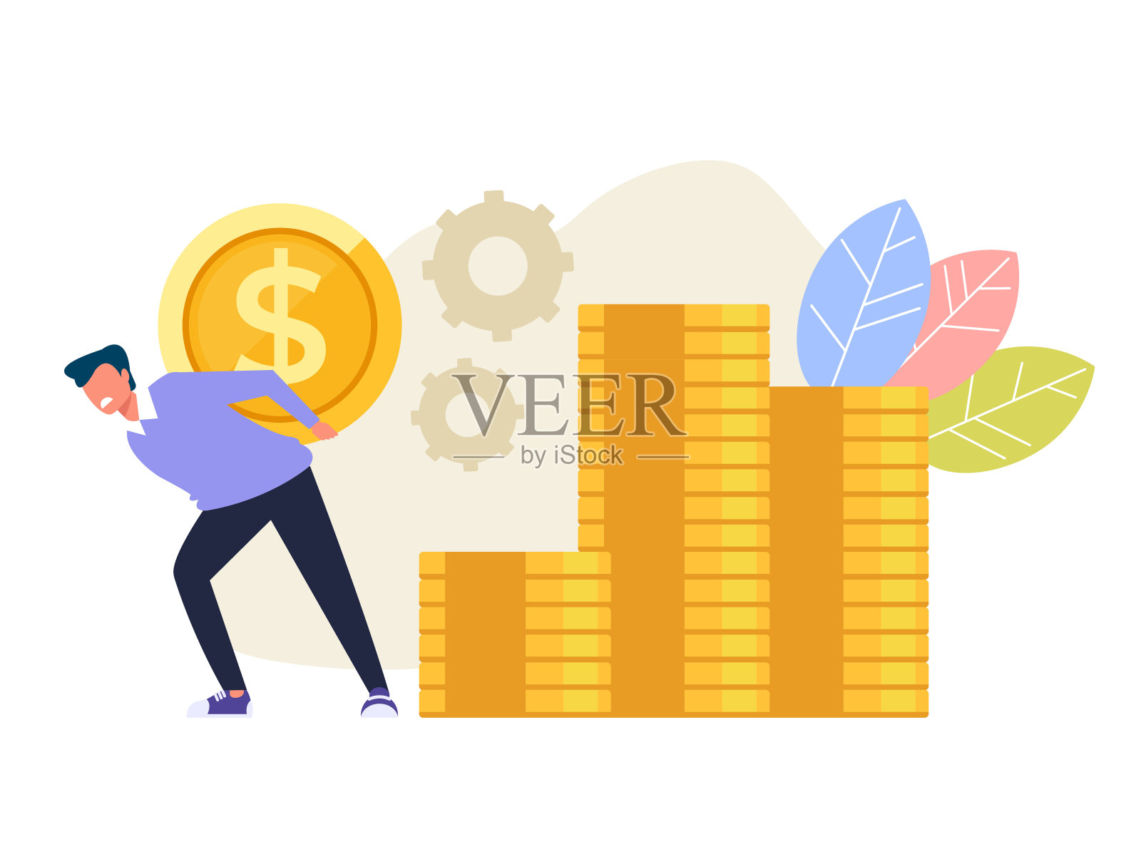 悲伤不快乐的人的性格背着沉重的金币。资金依赖性的概念。矢量平面卡通图形设计插图插画图片素材