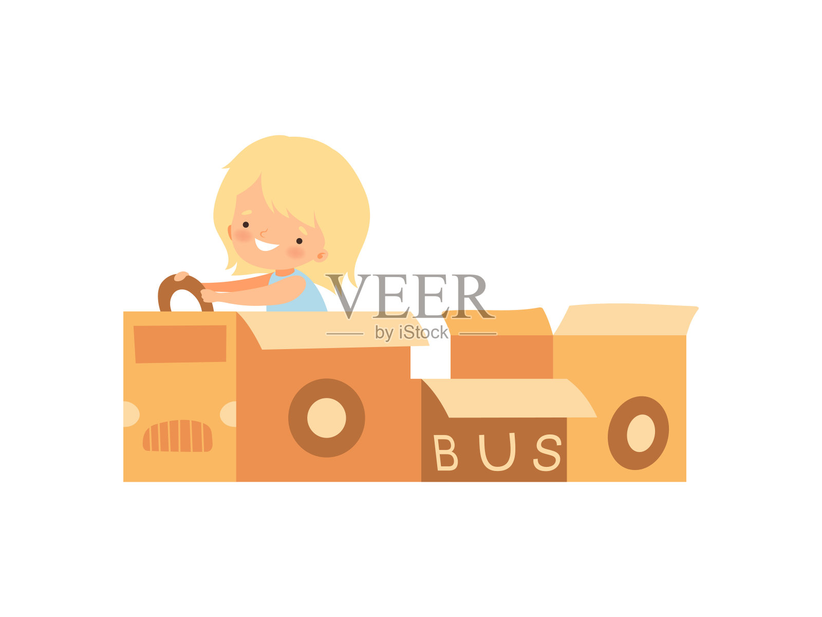 可爱的创意女孩角色玩巴士由纸板箱卡通矢量插图插画图片素材