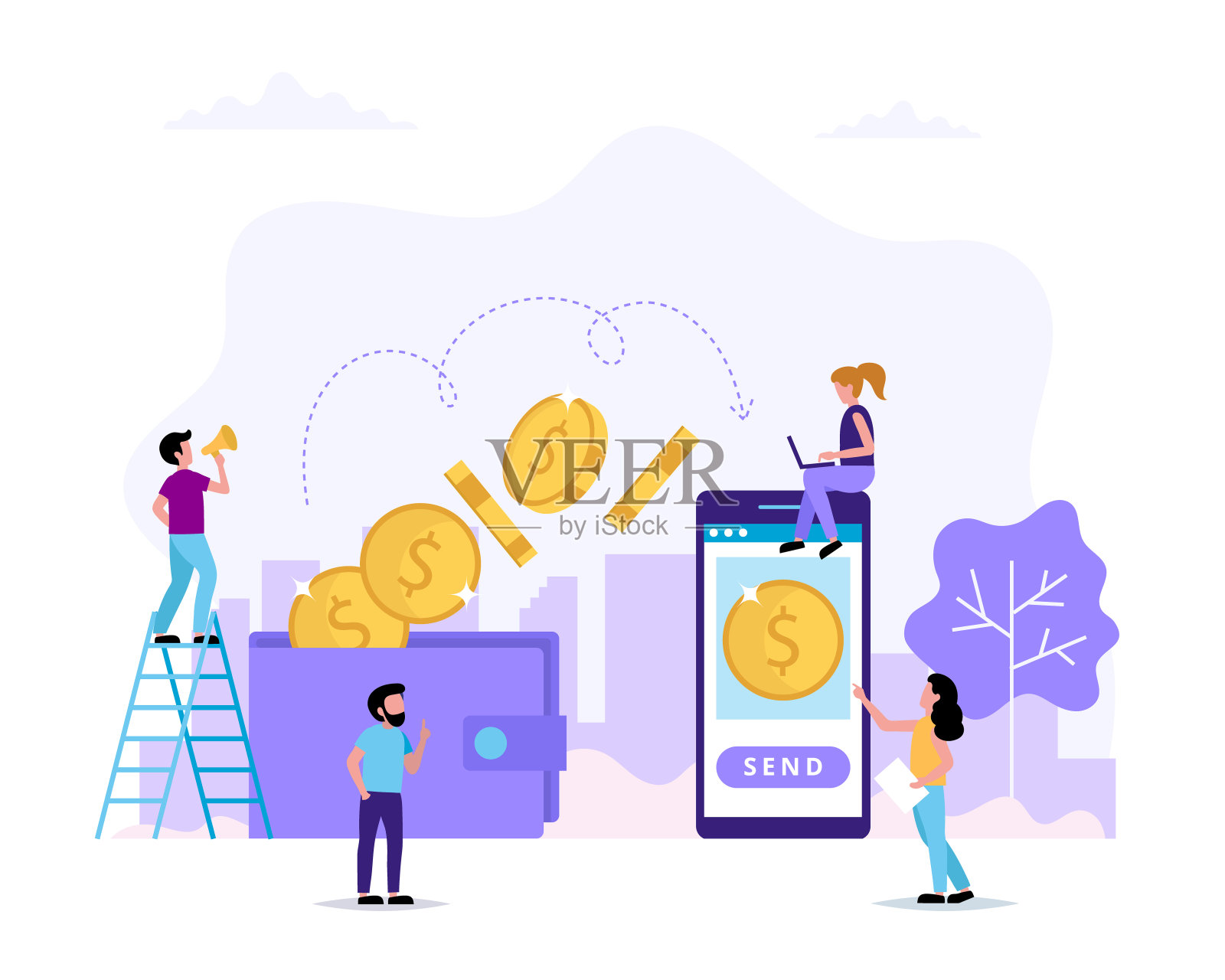 转账，把钱从钱包转到智能手机。小人角色做各种各样的任务插画图片素材
