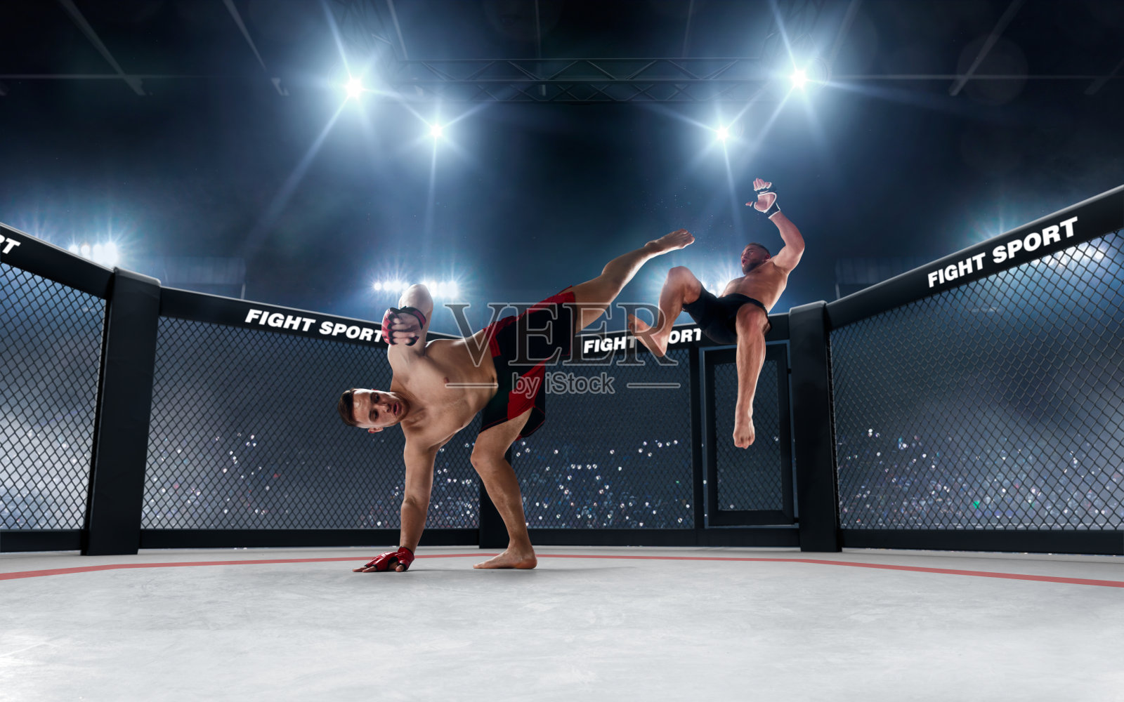 综合格斗选手在擂台上。照片摄影图片