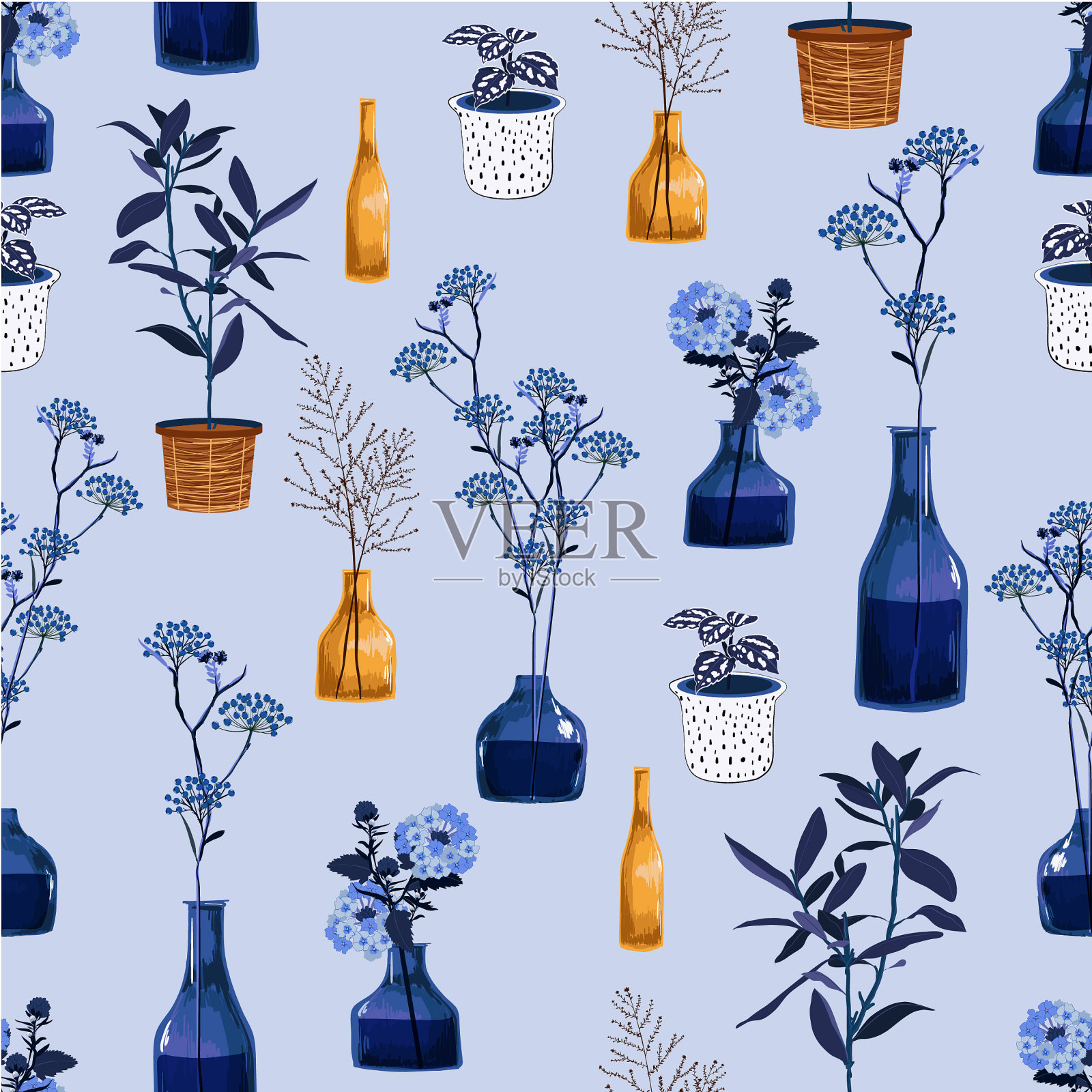 现代花卉和花瓶，花盆植物插画矢量无缝图案设计时尚，织物，网，壁纸和所有印花插画图片素材