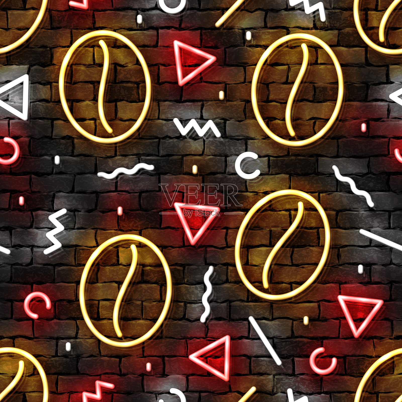 矢量现实隔离霓虹标识咖啡在墙上无缝模板网站装饰和墙纸覆盖在墙壁背景。咖啡馆和咖啡店的概念。插画图片素材