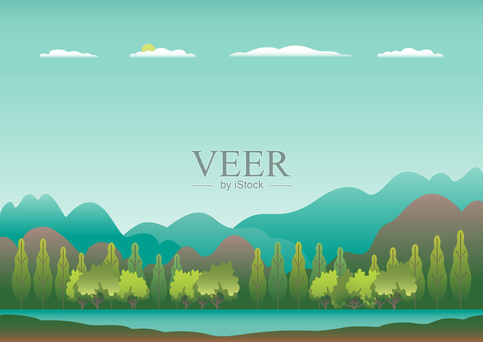 丘陵和高山景观采用扁平化风格设计。谷的背景。美丽的绿色田野、草地和蓝天。乡村位置在丘陵、森林、树木，卡通矢量插图插画图片素材