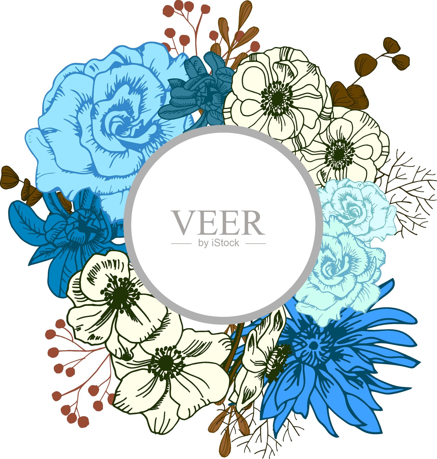 画框，带花和热带叶子的横幅，手绘矢量，请帖设计元素图片