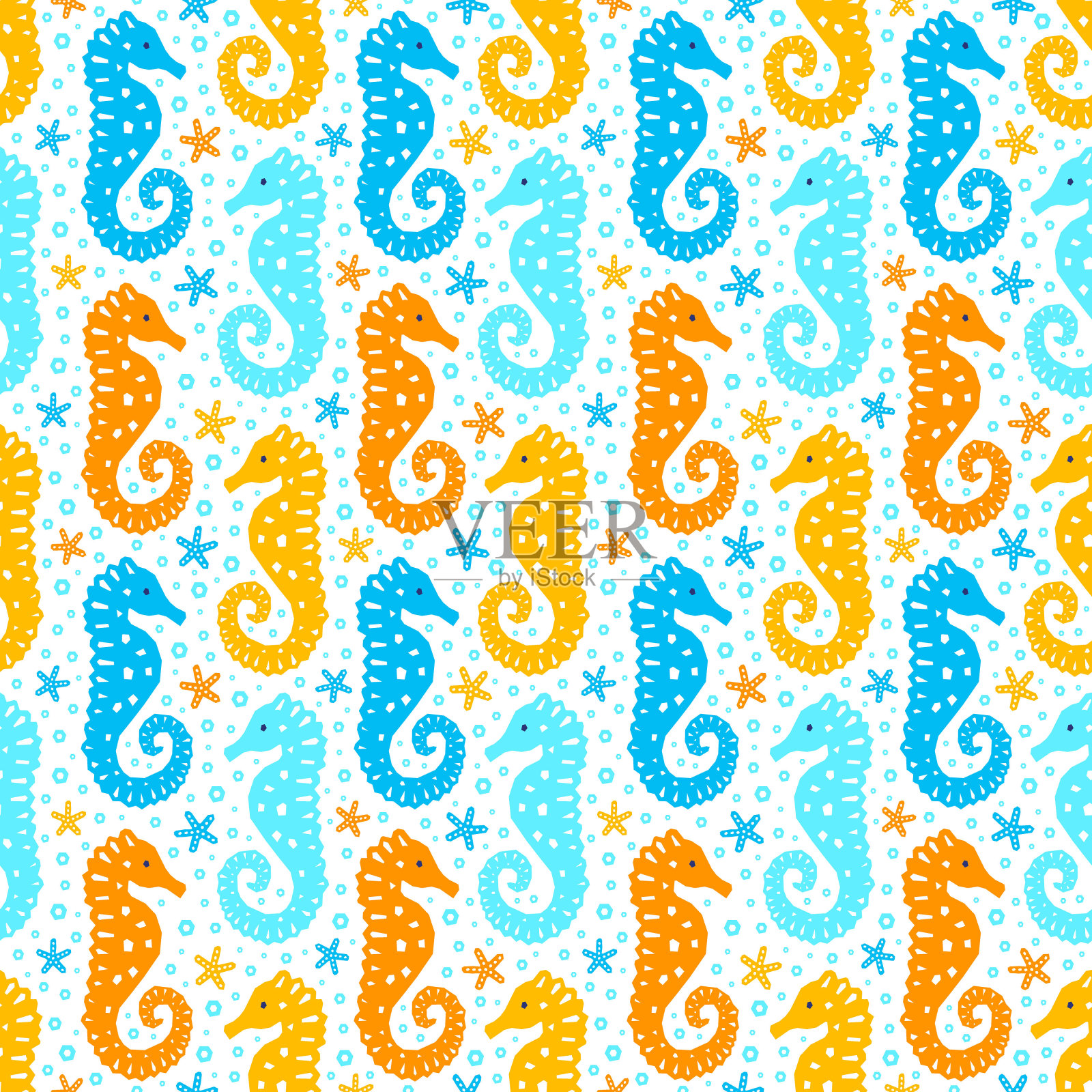 剪纸海洋风格的孩子设计无缝图案。有趣的卡通海马、海星和泡泡无尽的背景。EPS 10矢量图插画图片素材